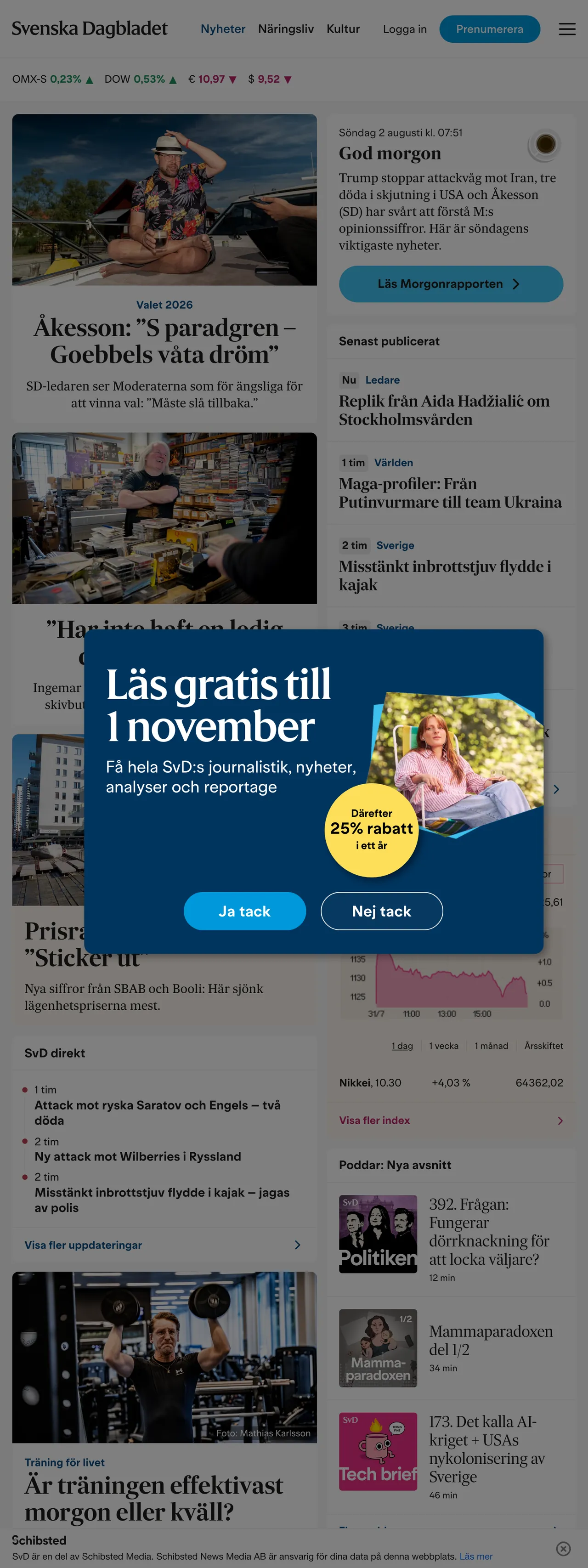 Screenshot of the Svenska Dagbladet front page
