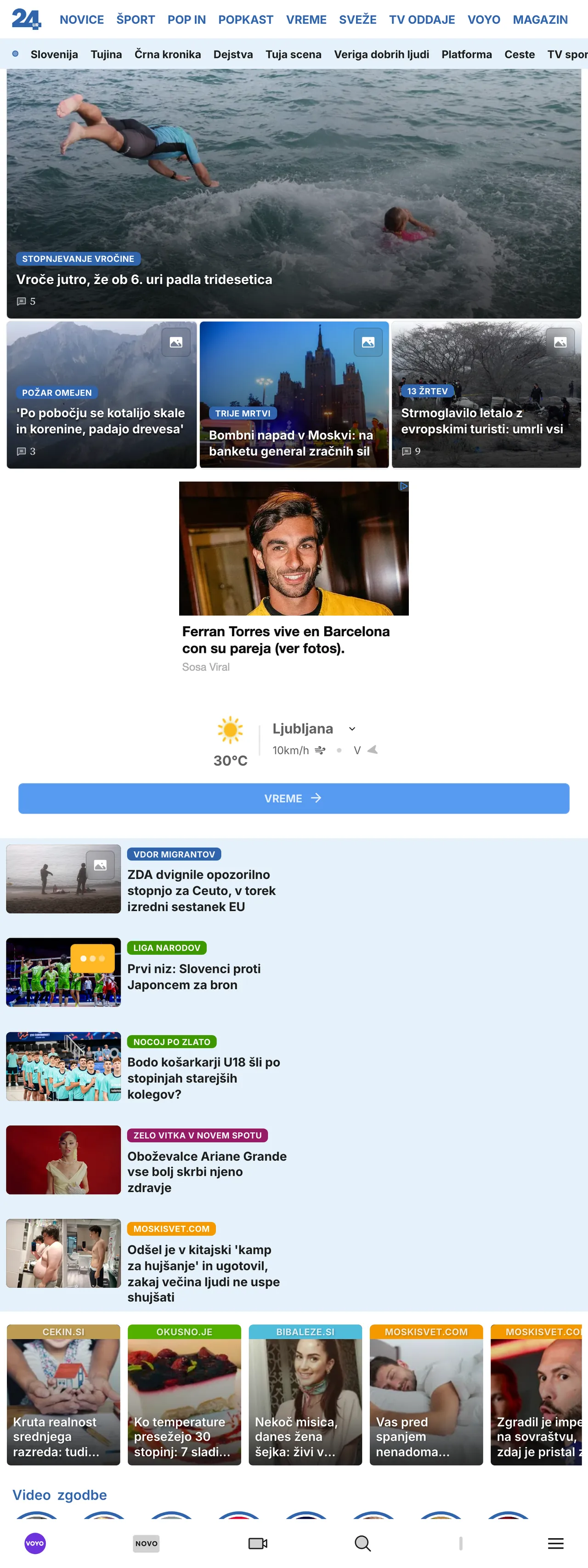Screenshot of the 24ur front page