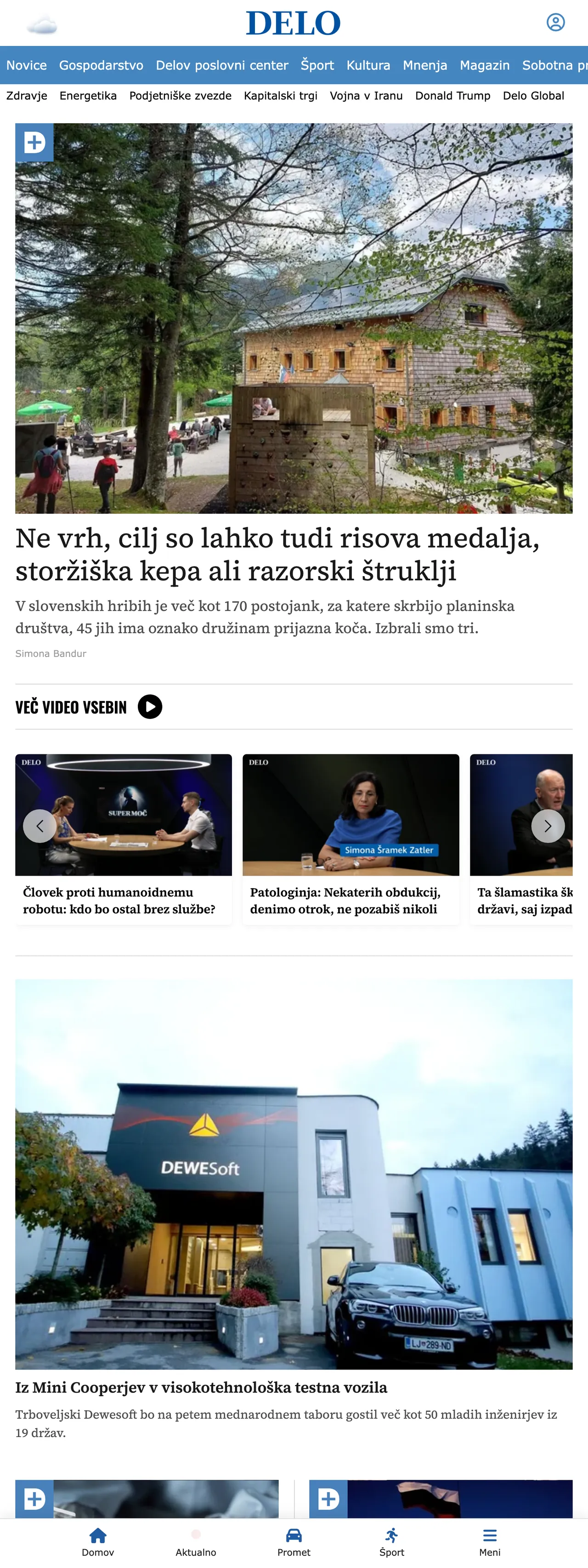 Screenshot of the Delo front page
