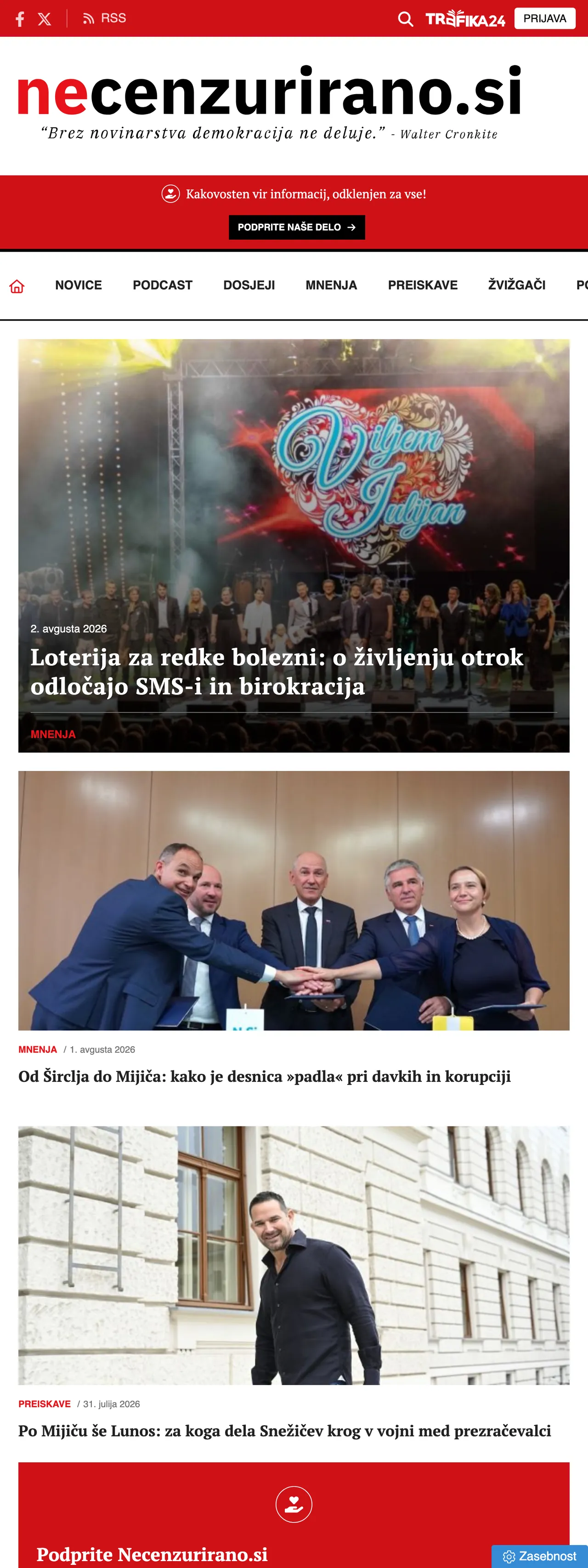 Screenshot of the Necenzurirano front page