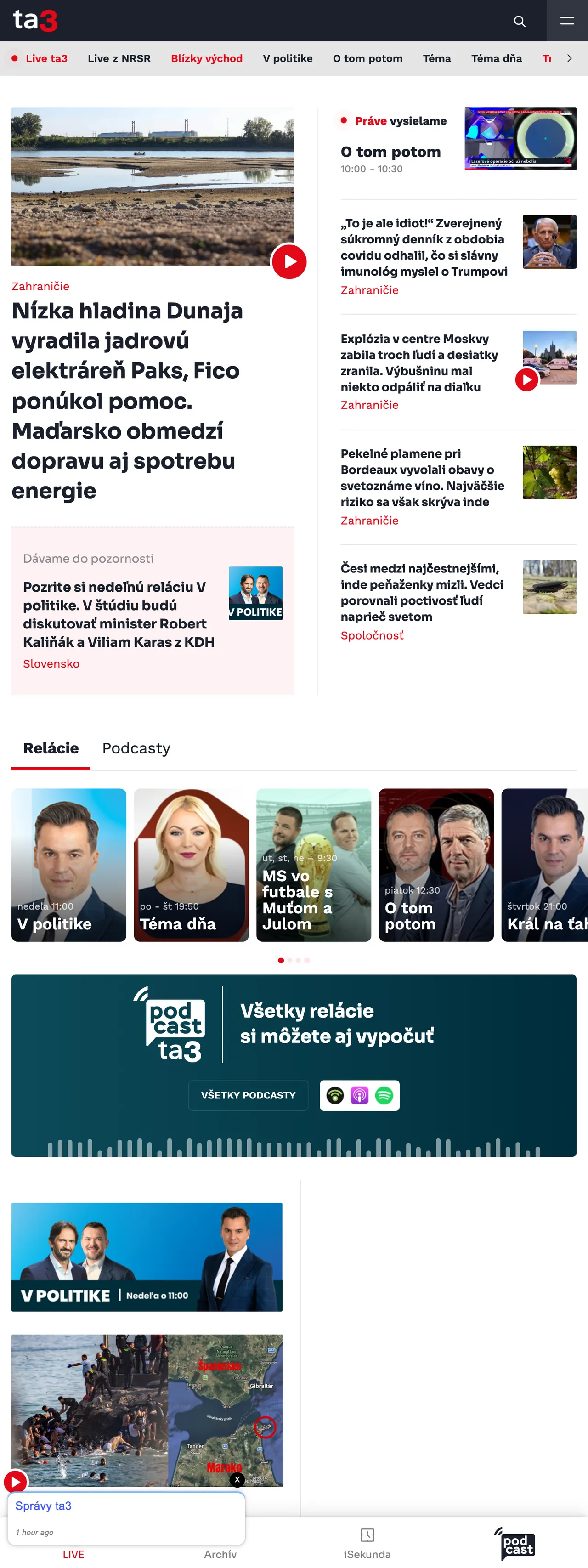 Screenshot of the TA3 front page