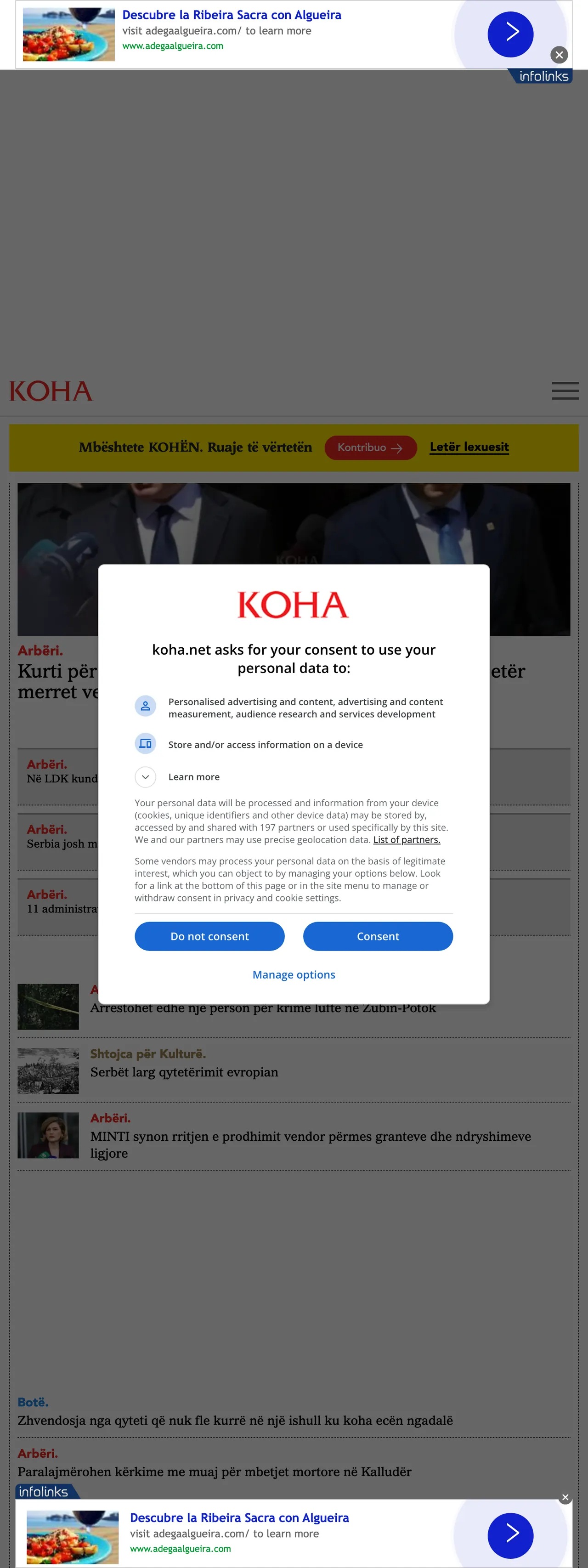 Screenshot of the Koha Ditore front page