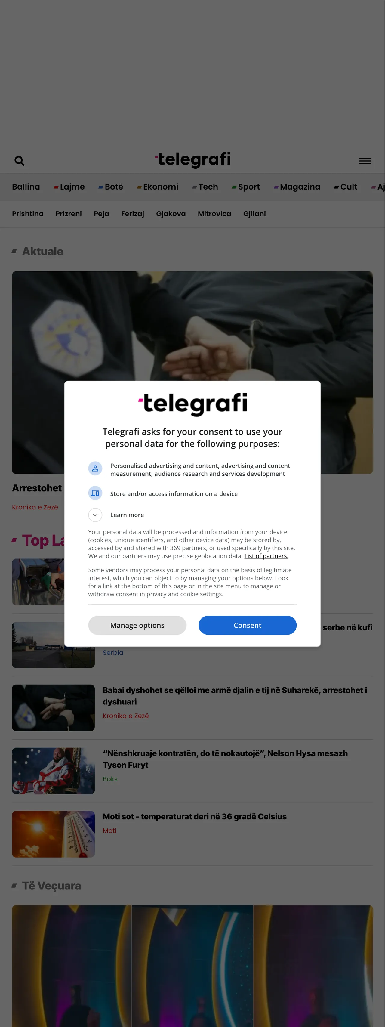 Screenshot of the Telegrafi front page