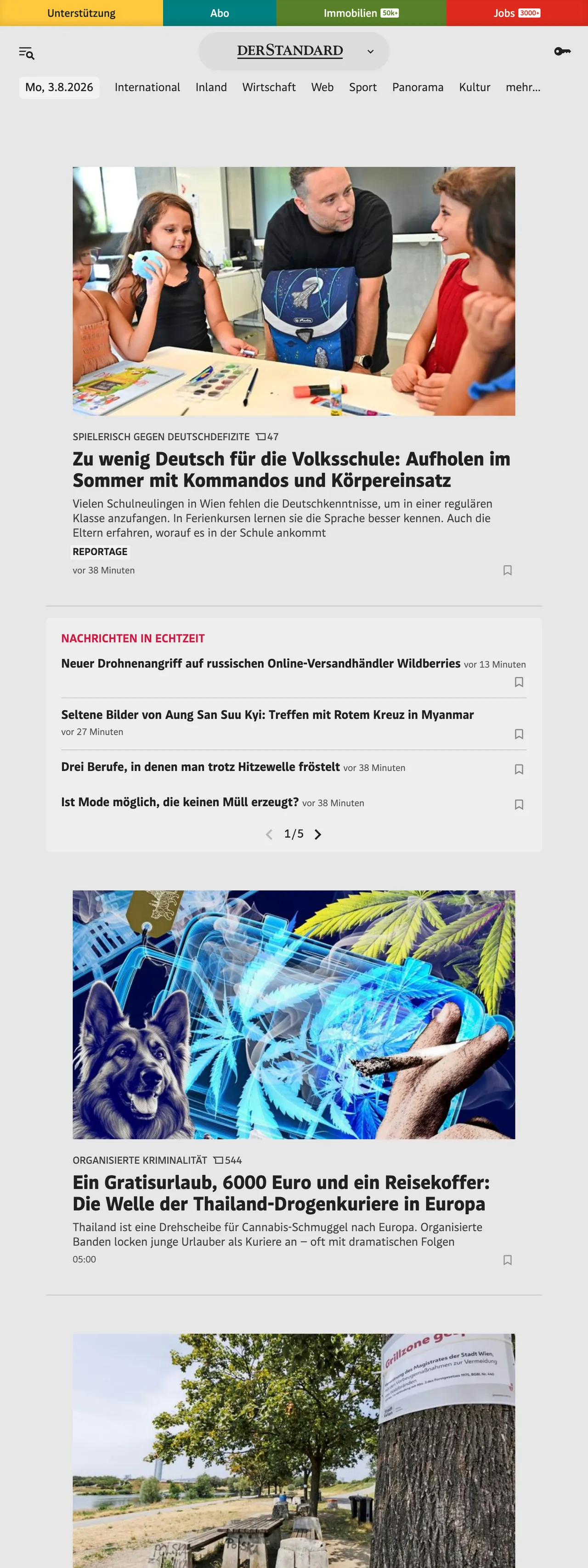 Screenshot of the DER STANDARD front page
