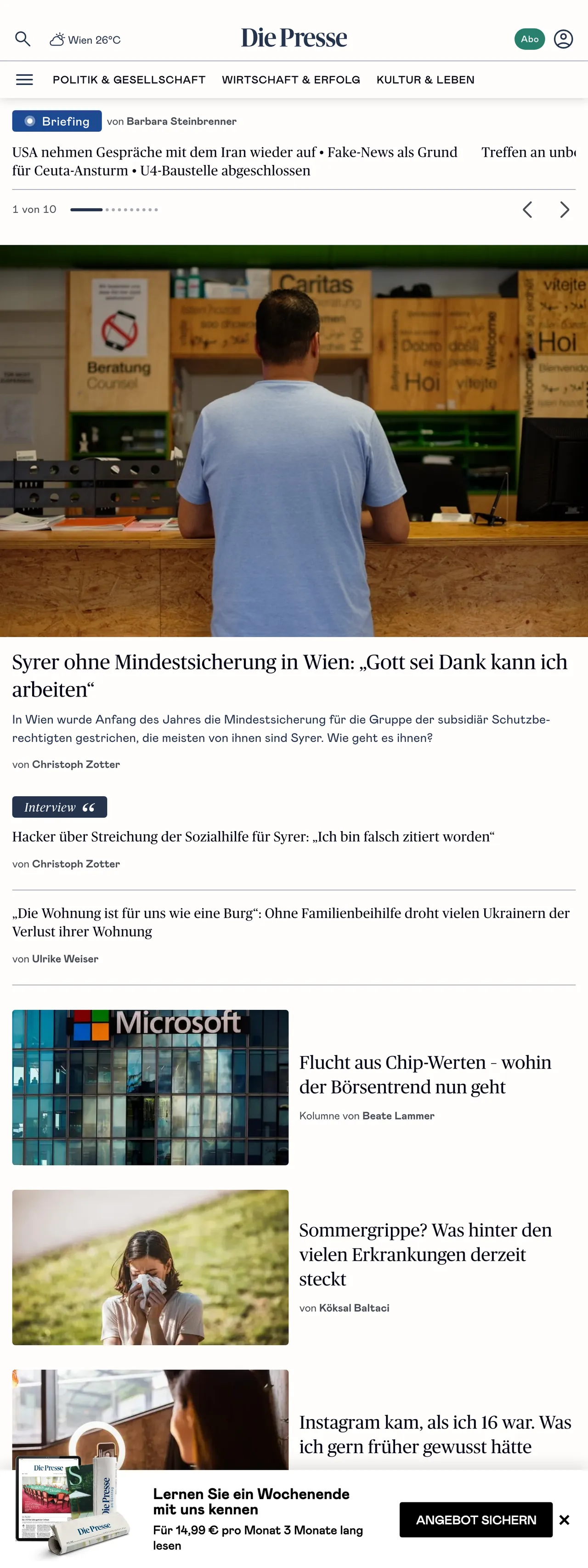 Screenshot of the Die Presse front page