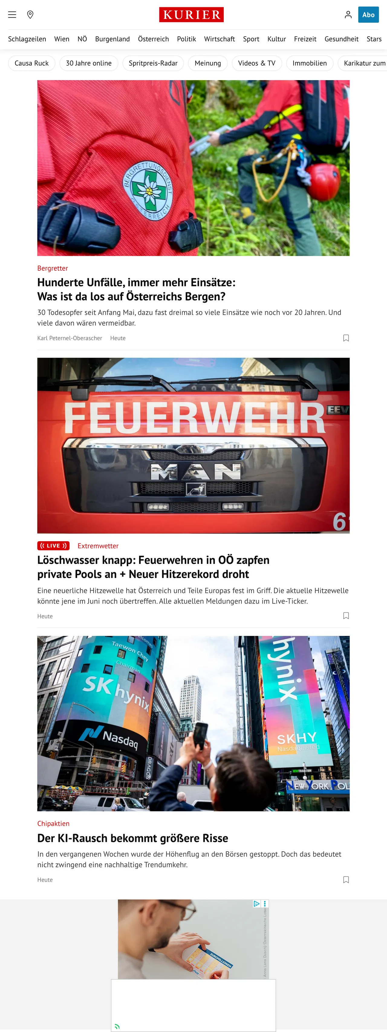 Screenshot of the Kurier front page