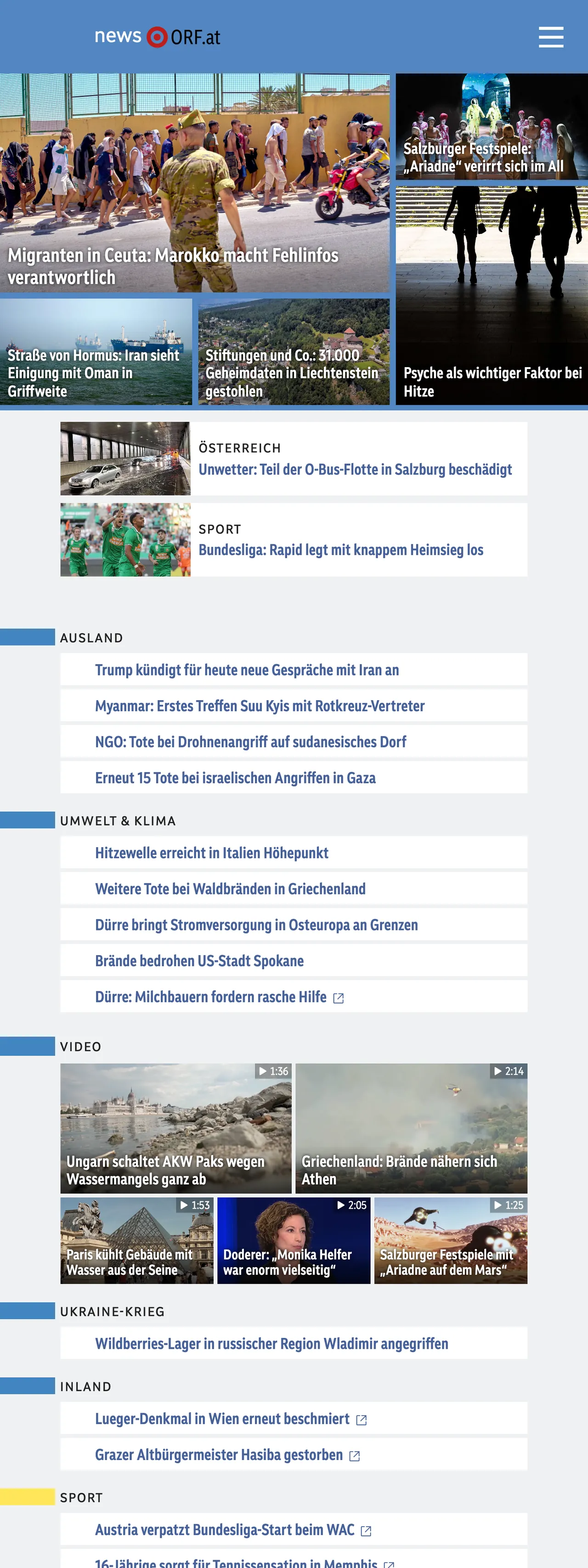 Screenshot of the ORF front page