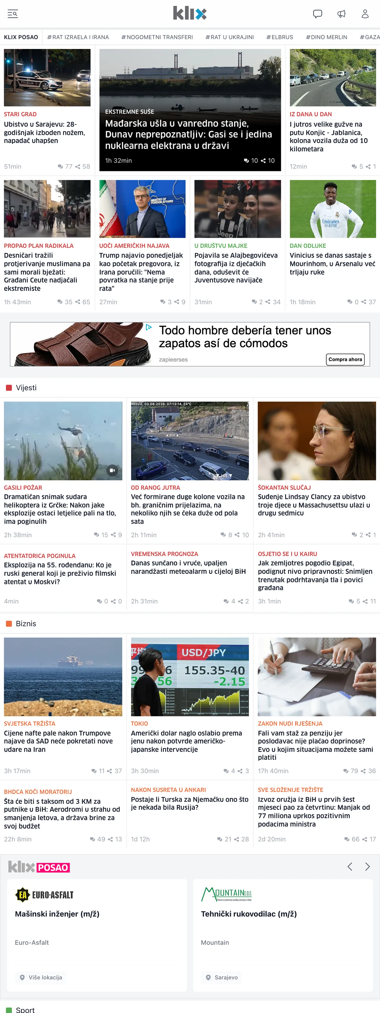 Screenshot of the Klix.ba front page