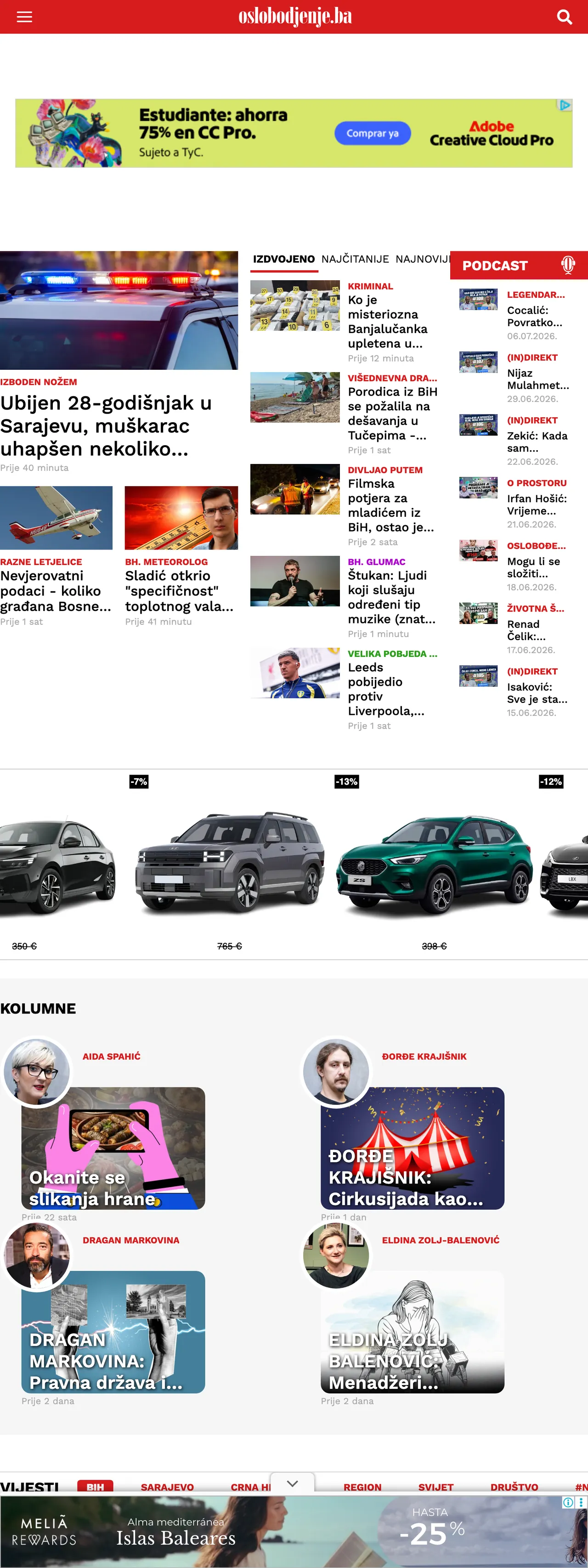 Screenshot of the Oslobođenje front page