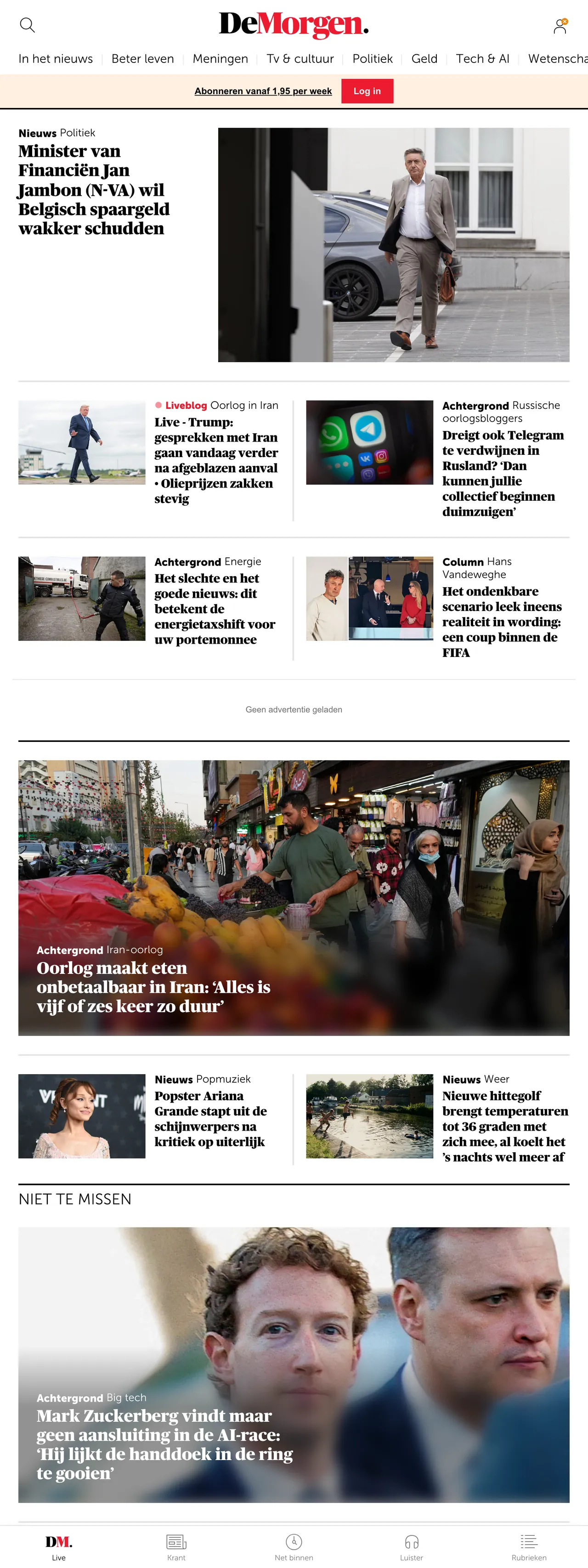 Screenshot of the De Morgen front page