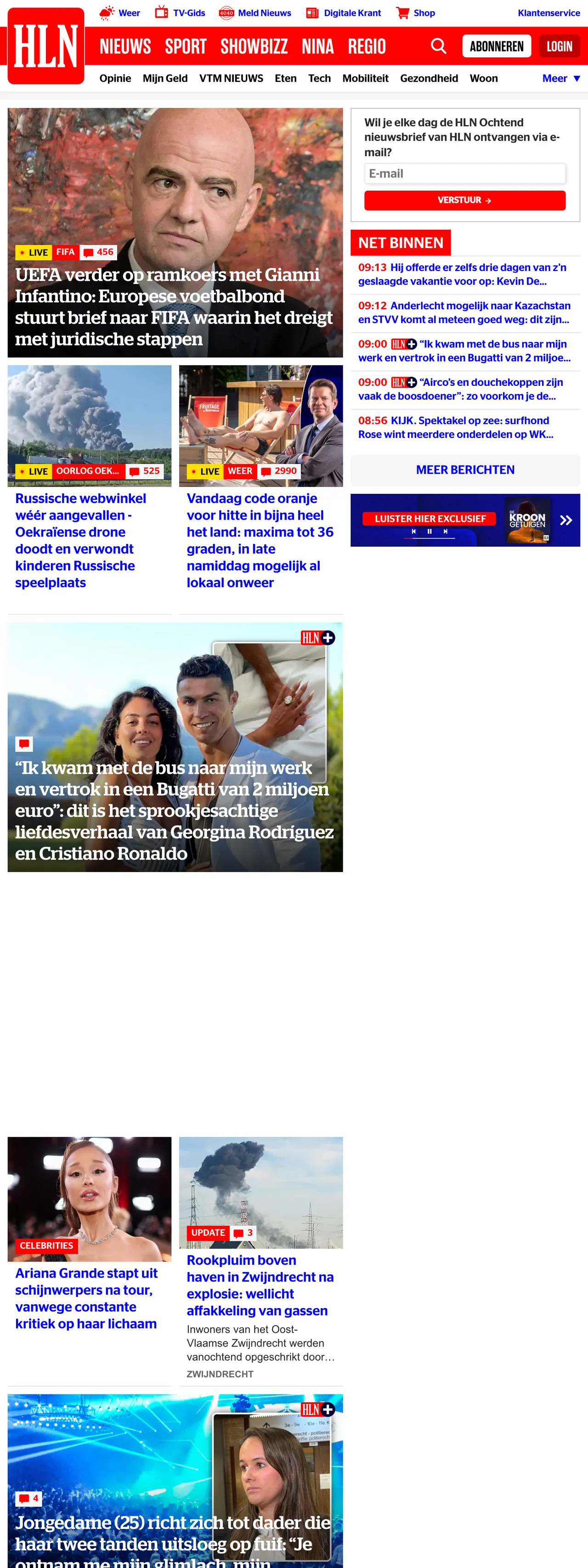 Screenshot of the HLN front page