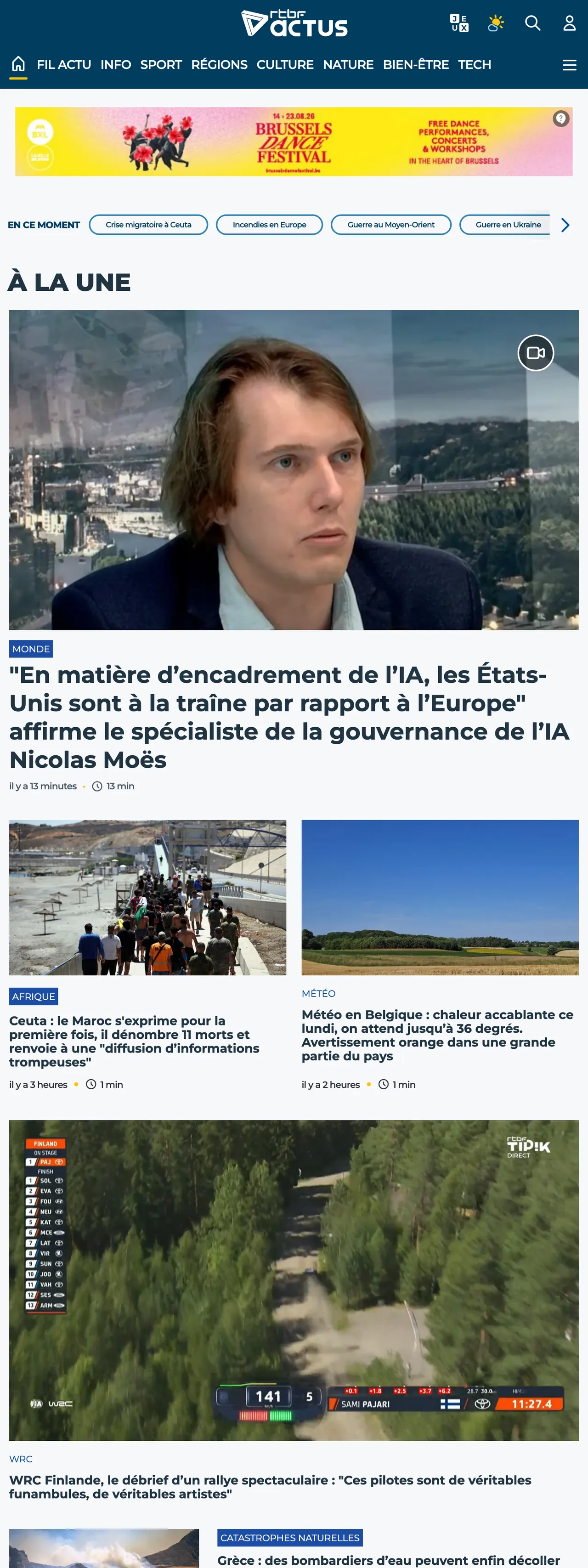 Screenshot of the RTBF front page
