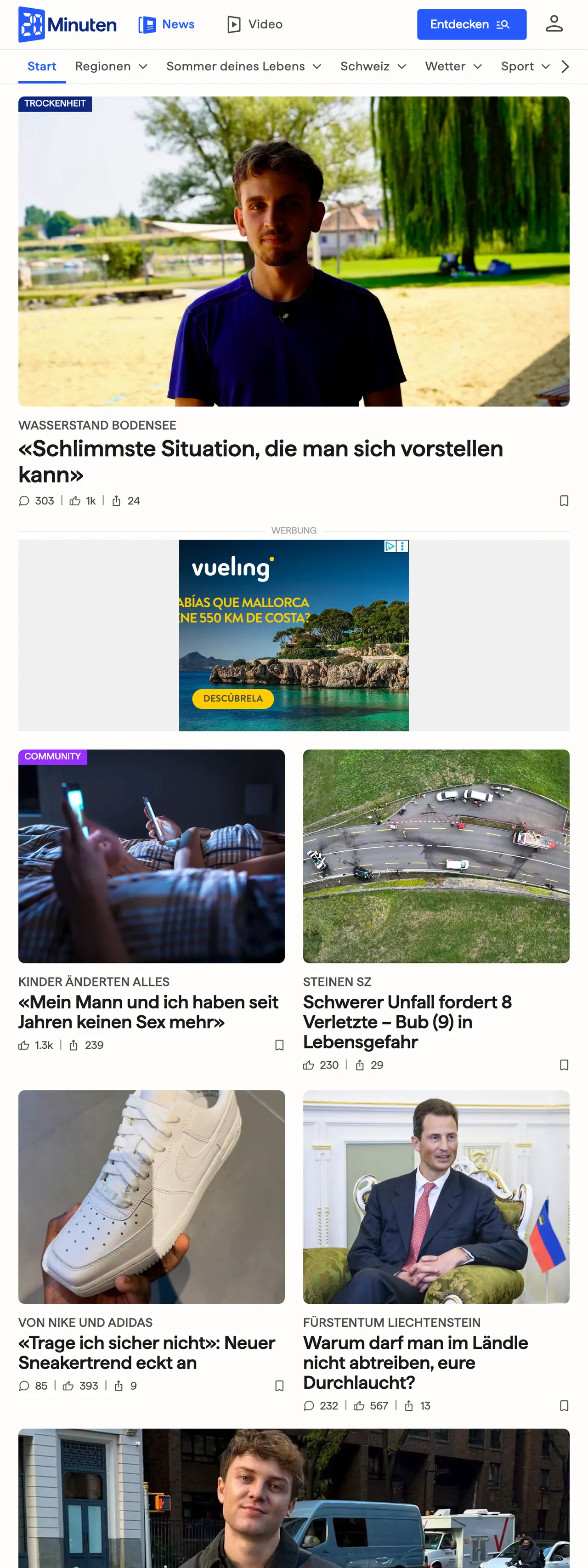Screenshot of the 20 Minuten front page