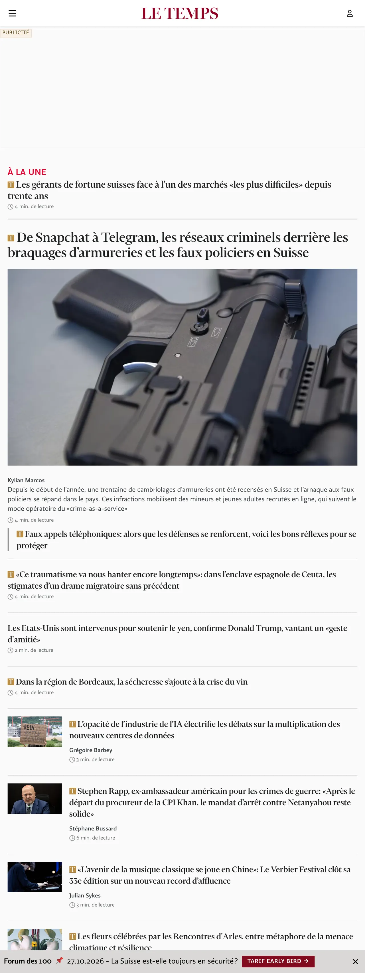 Screenshot of the Le Temps front page