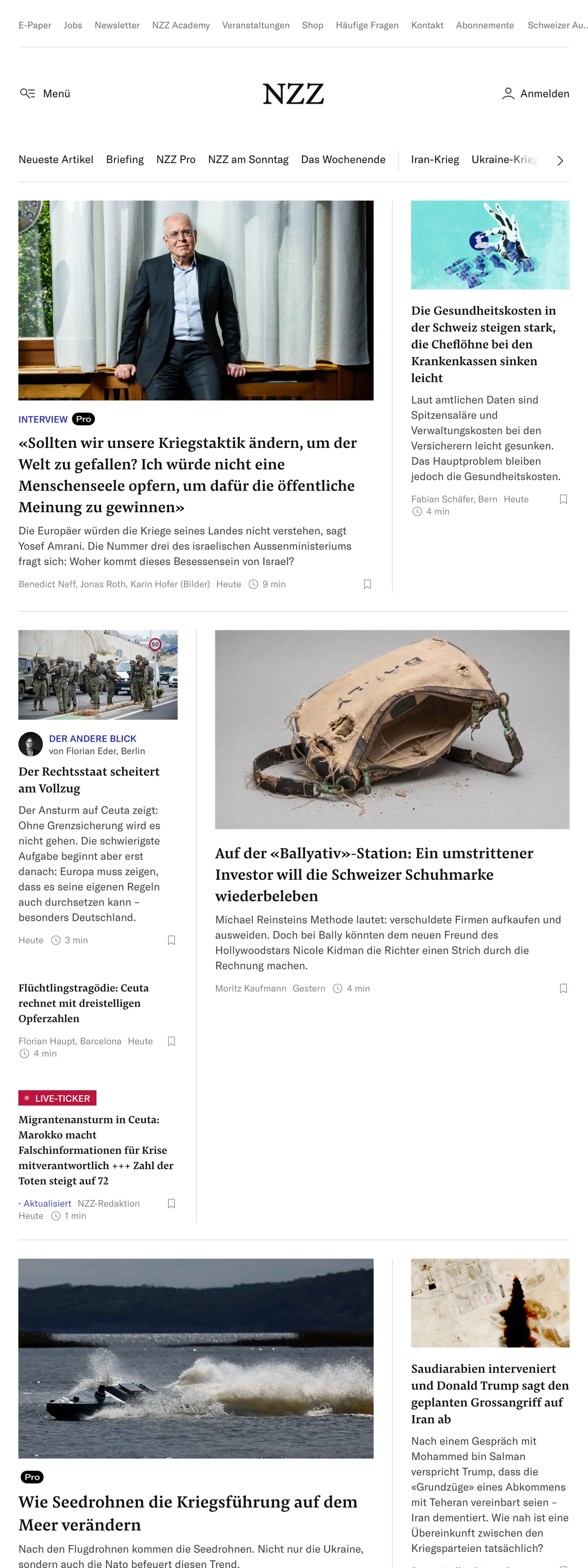 Screenshot of the Neue Zürcher Zeitung front page