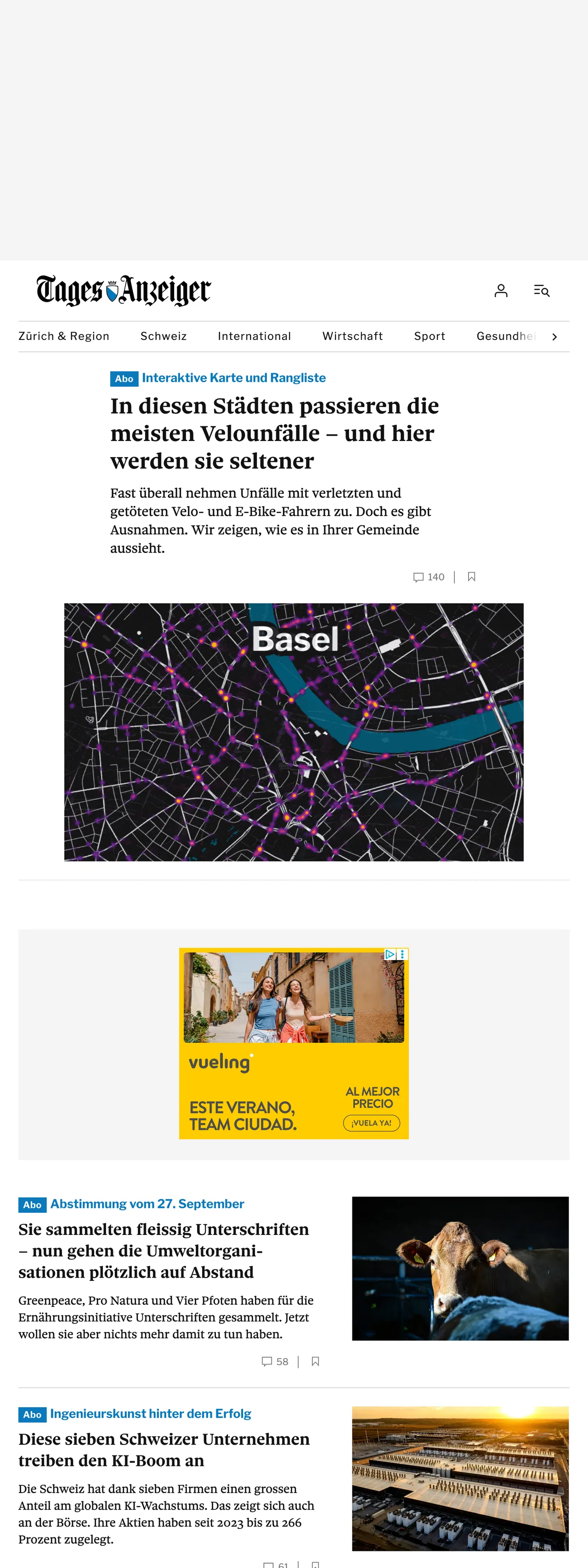 Screenshot of the Tages-Anzeiger front page