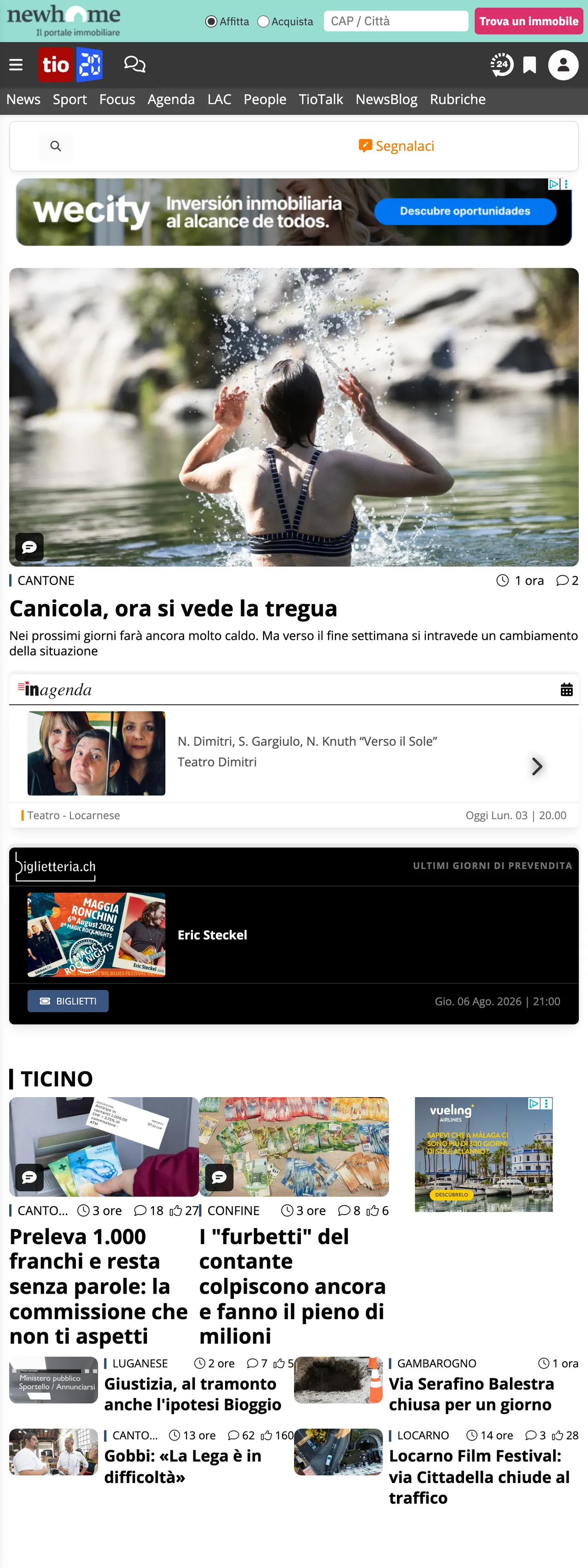 Screenshot of the Ticinonline front page