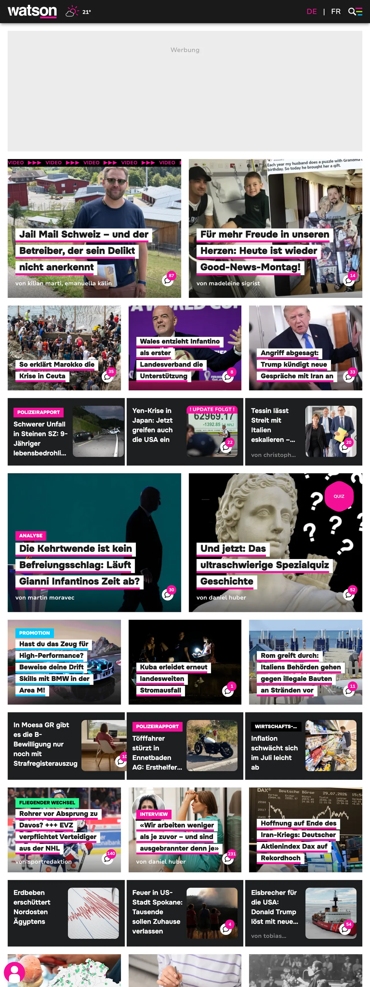 Screenshot of the watson front page