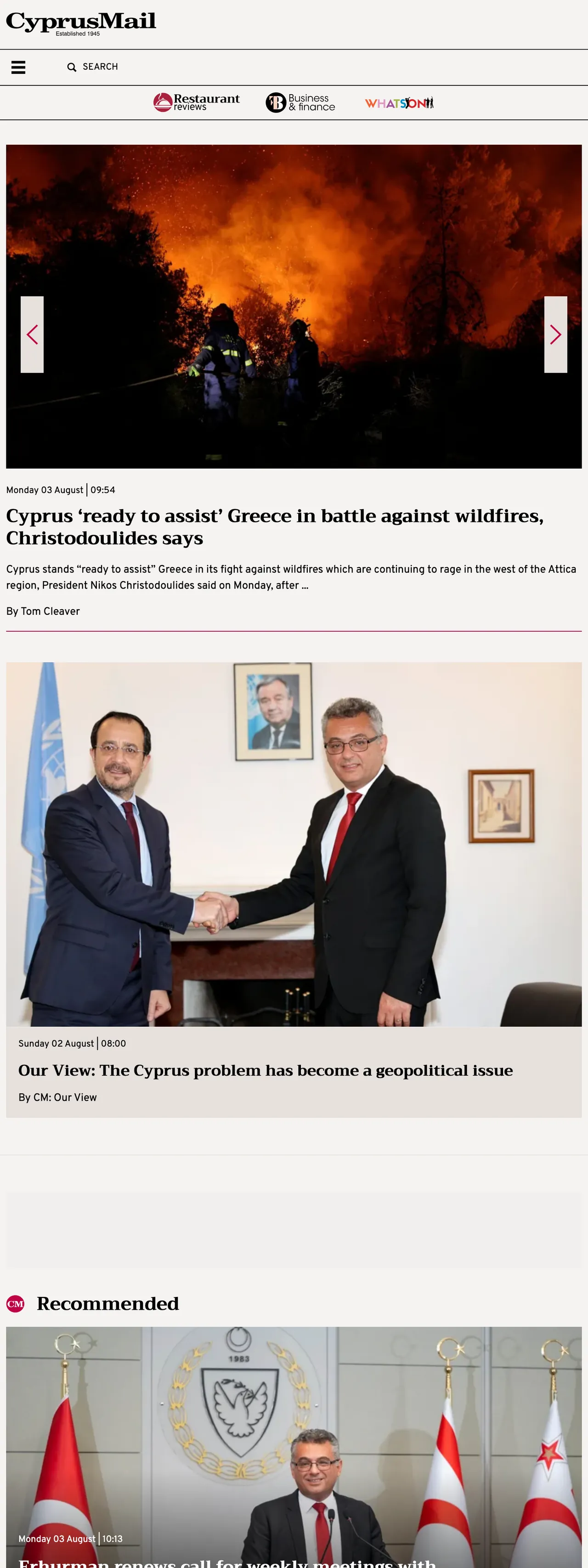 Screenshot of the Cyprus Mail front page