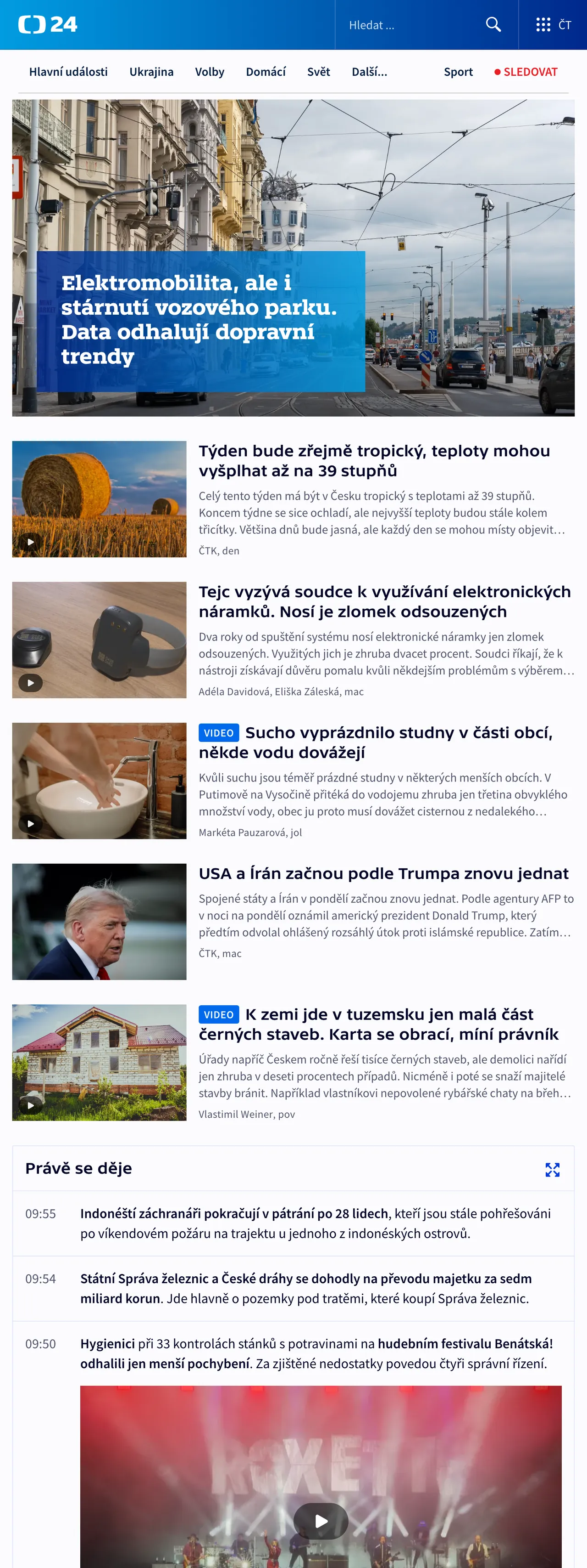Screenshot of the ČT24 front page