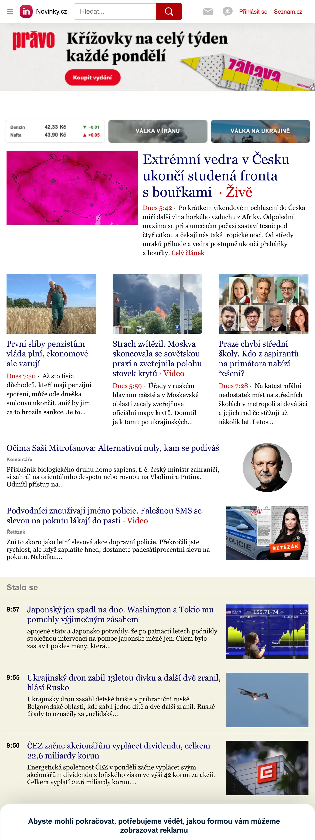 Screenshot of the Novinky.cz front page