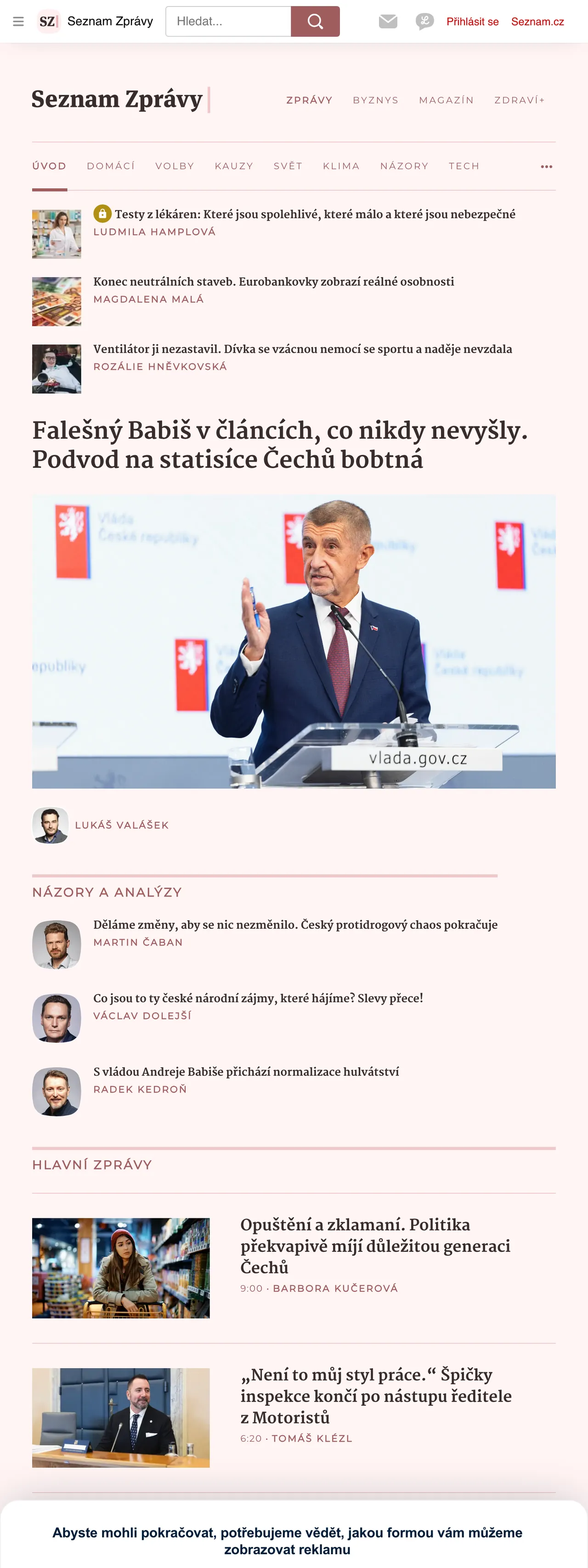 Screenshot of the Seznam Zprávy front page