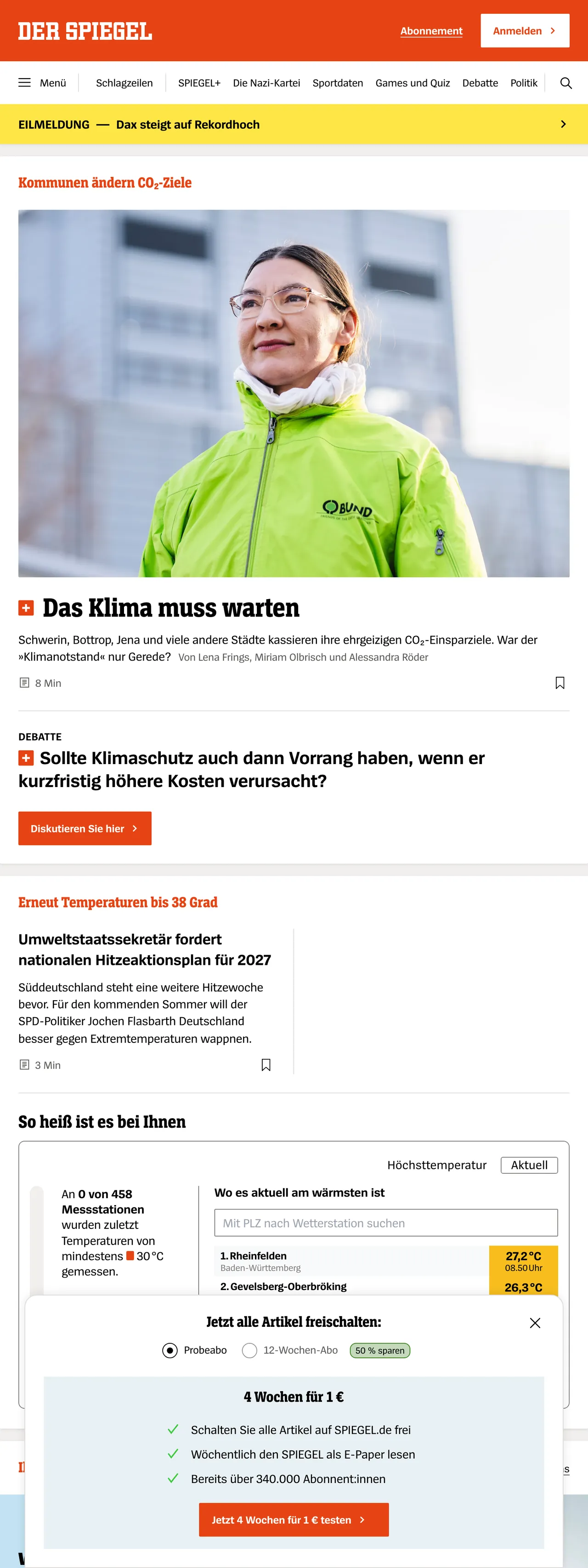 Screenshot of the DER SPIEGEL front page