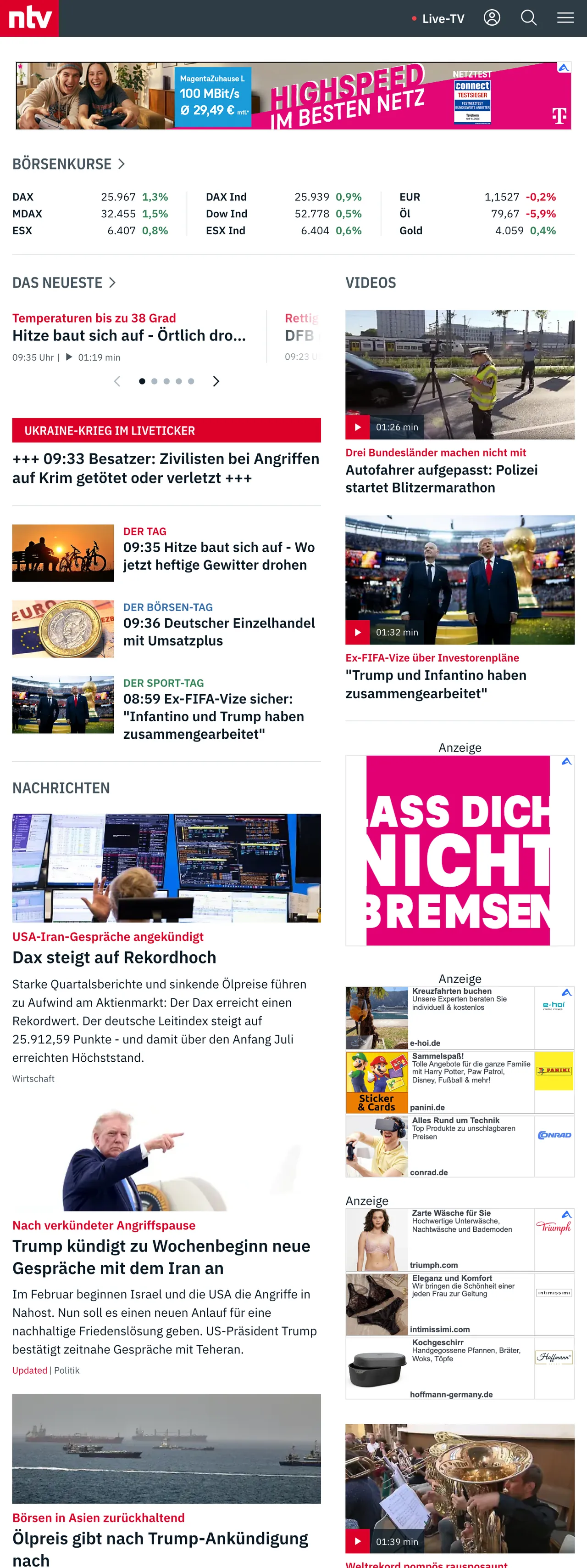 Screenshot of the n-tv front page