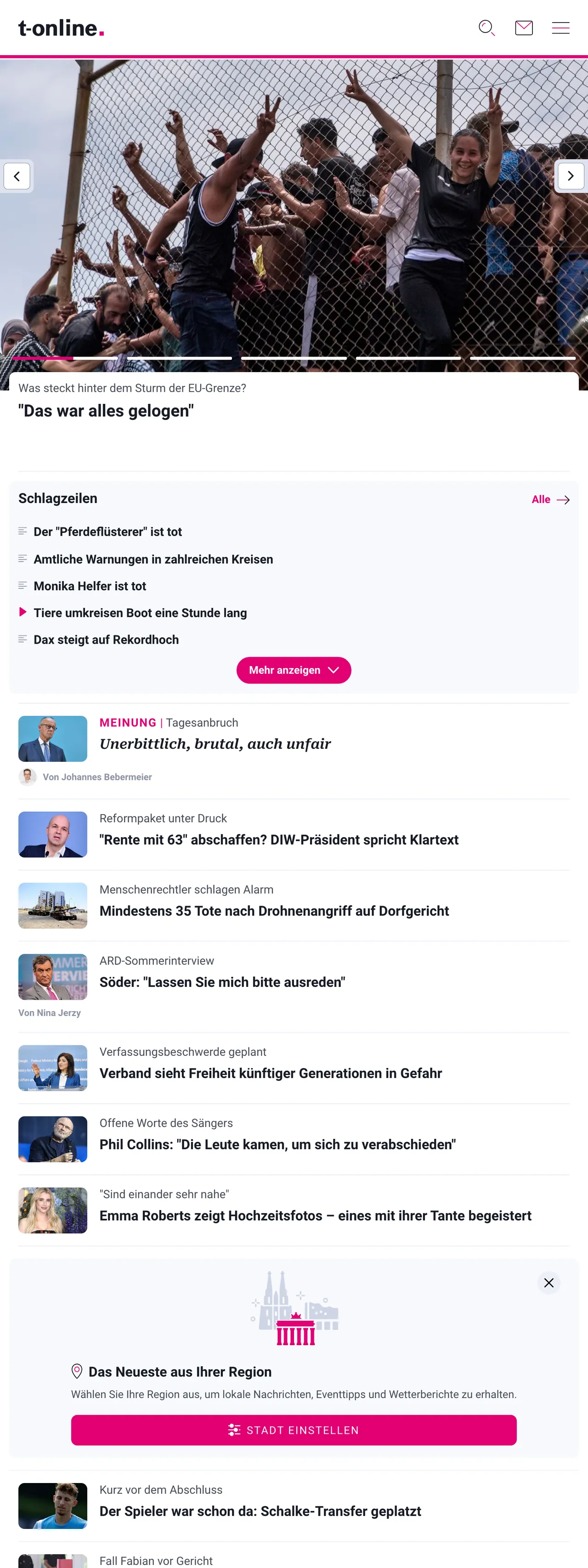 Screenshot of the t-online front page
