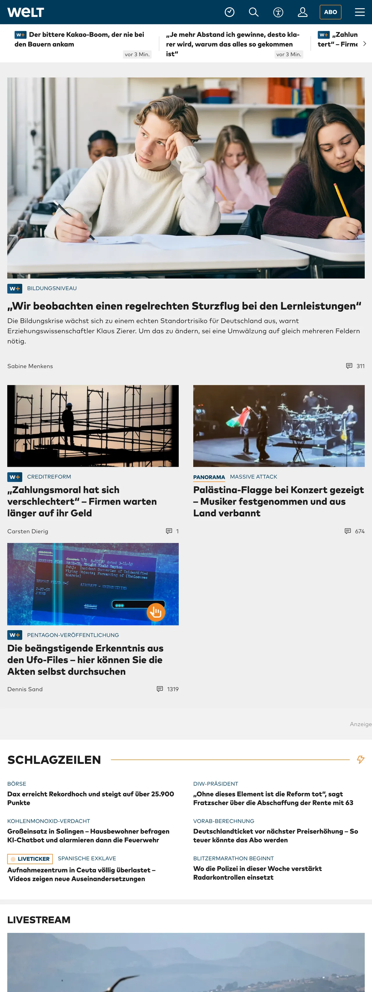 Screenshot of the WELT front page