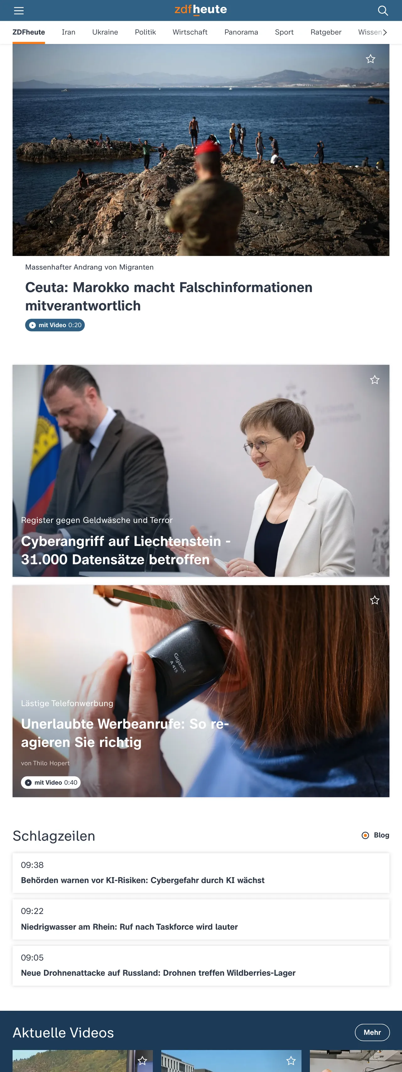 Screenshot of the ZDFheute front page