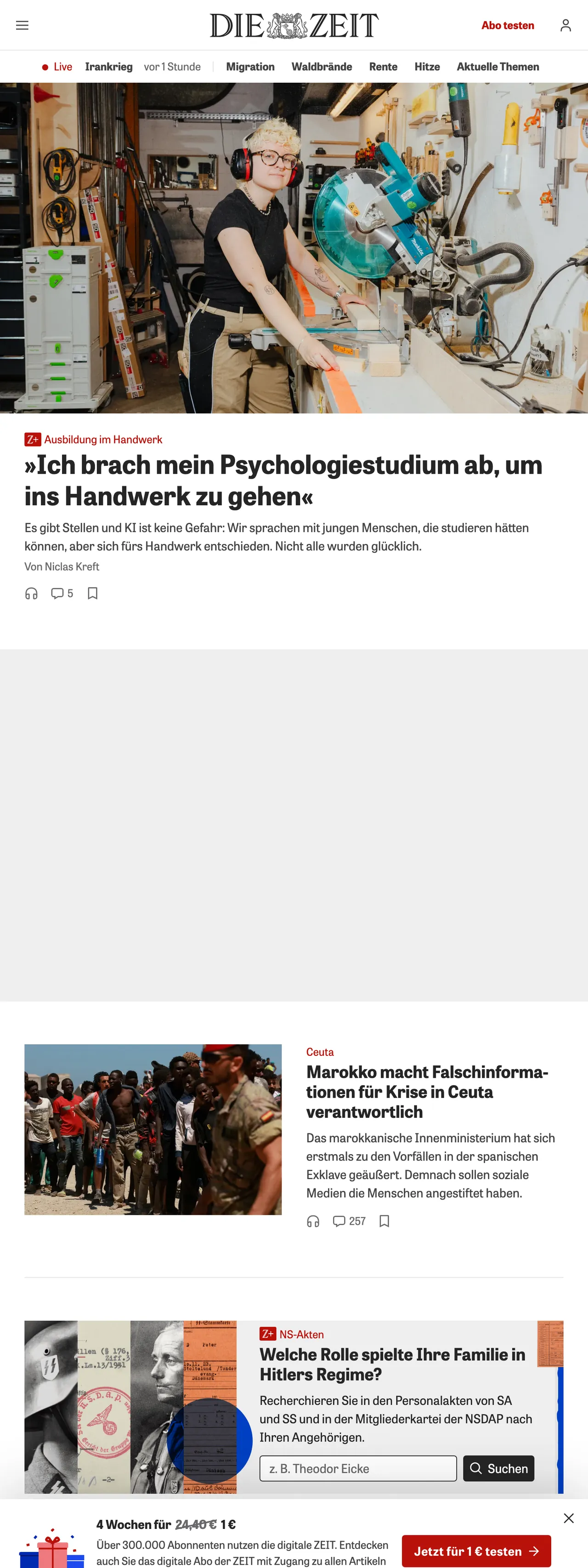 Screenshot of the ZEIT ONLINE front page