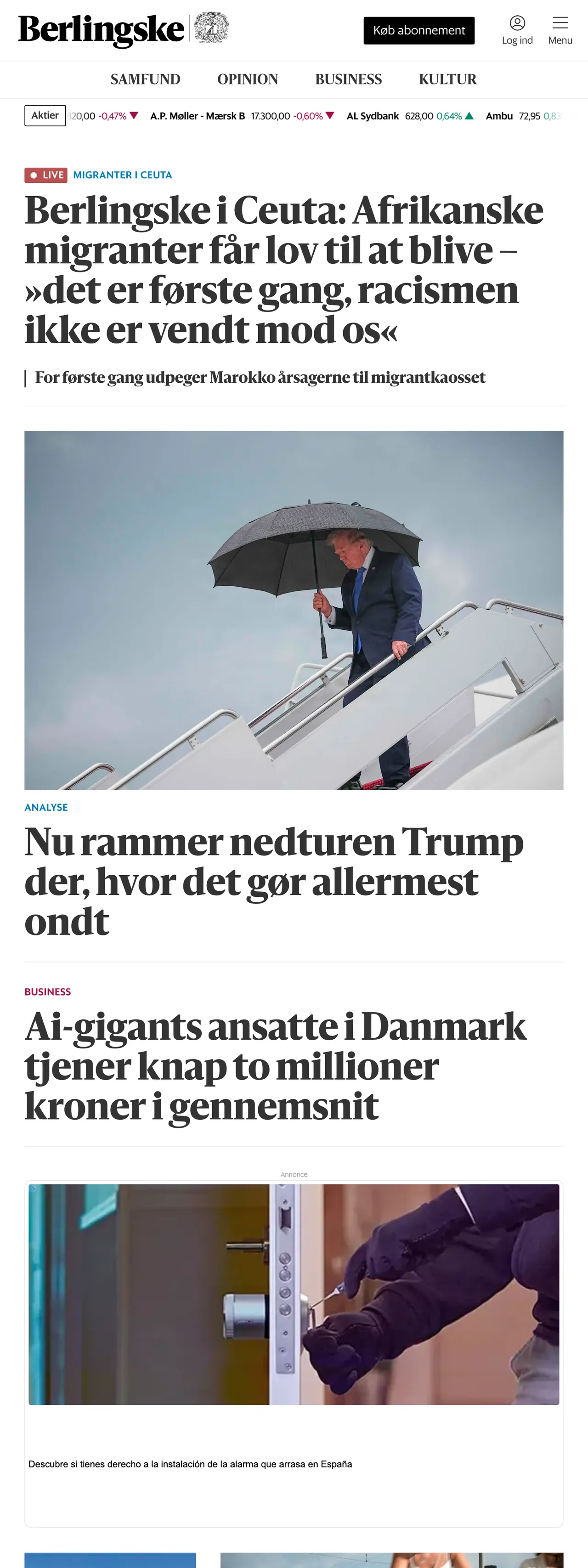 Screenshot of the Berlingske front page