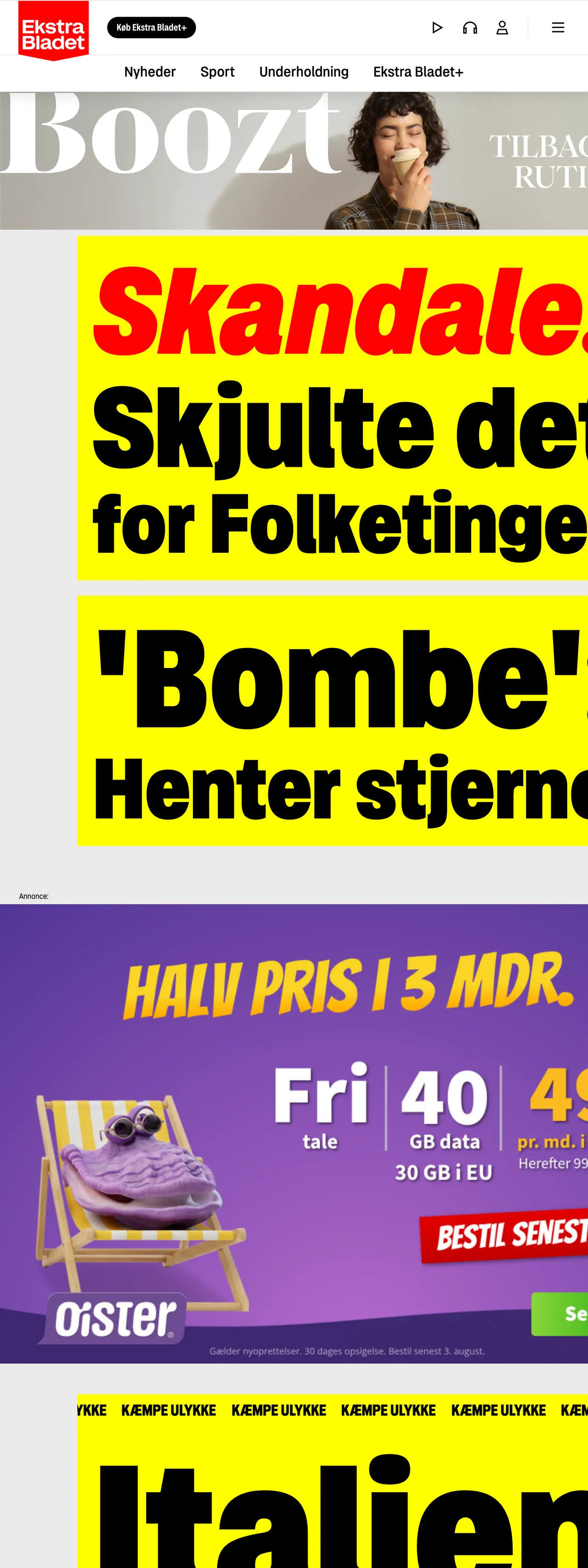 Screenshot of the Ekstra Bladet front page