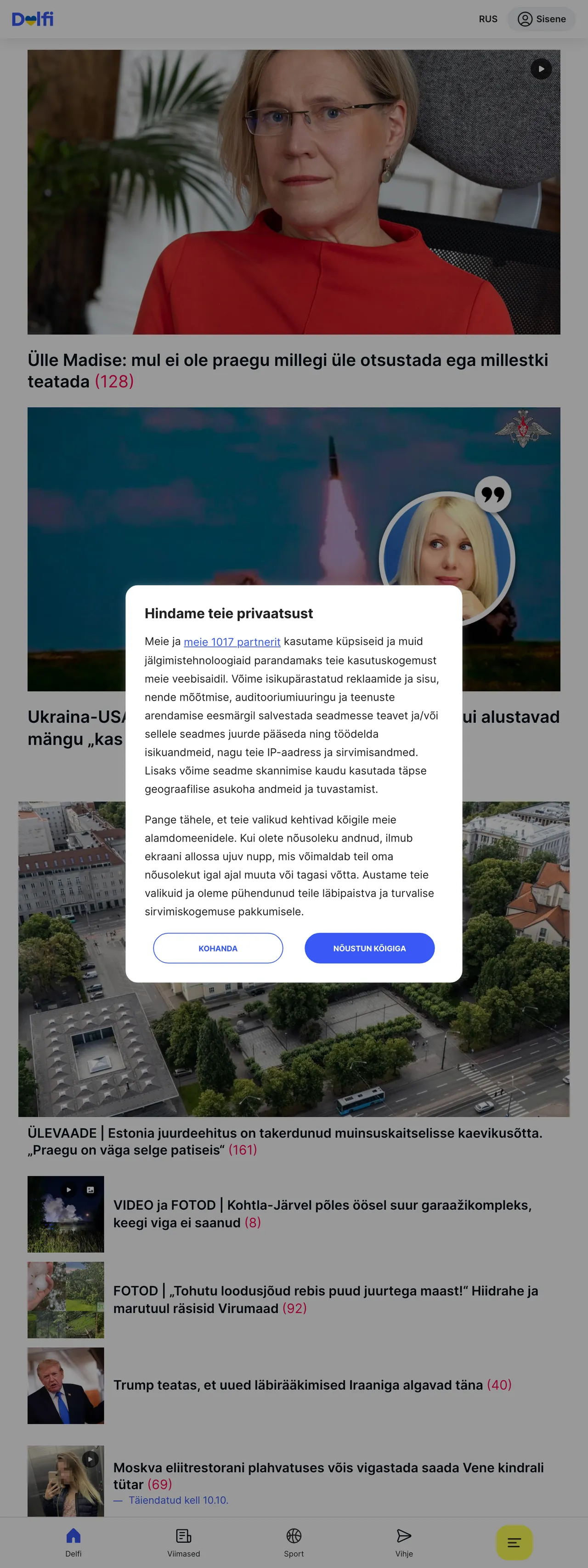 Screenshot of the Delfi front page