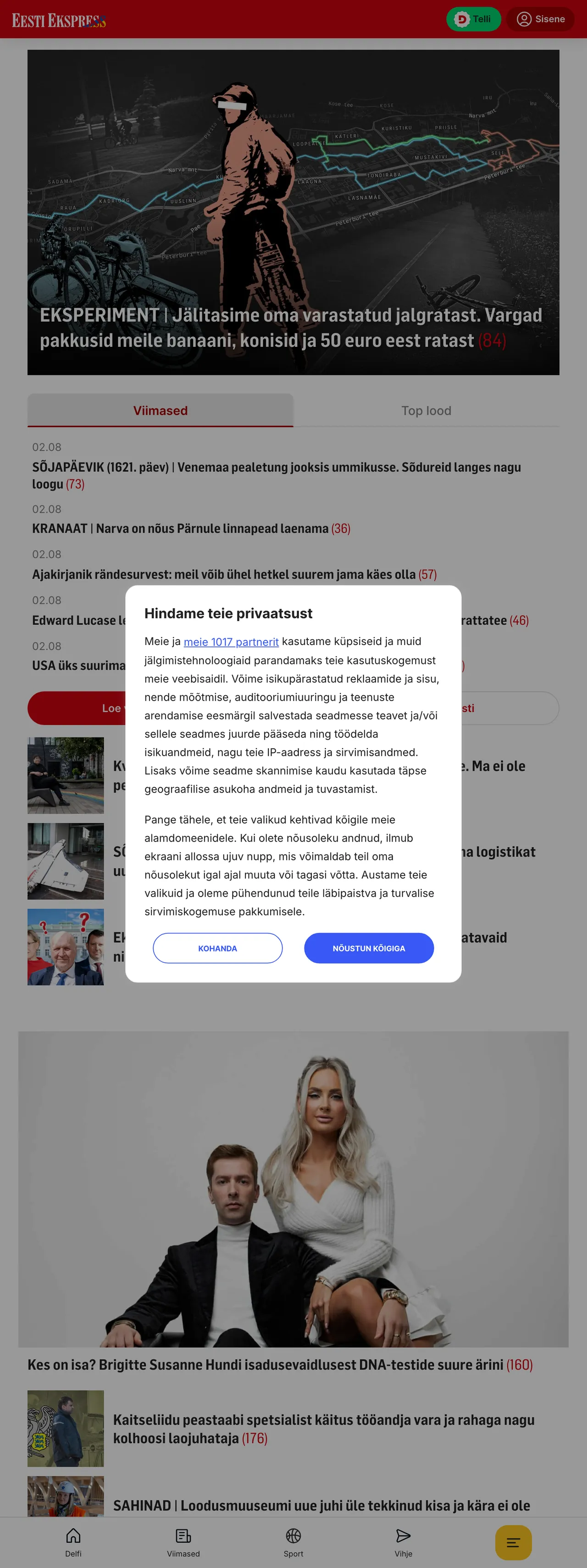Screenshot of the Eesti Ekspress front page