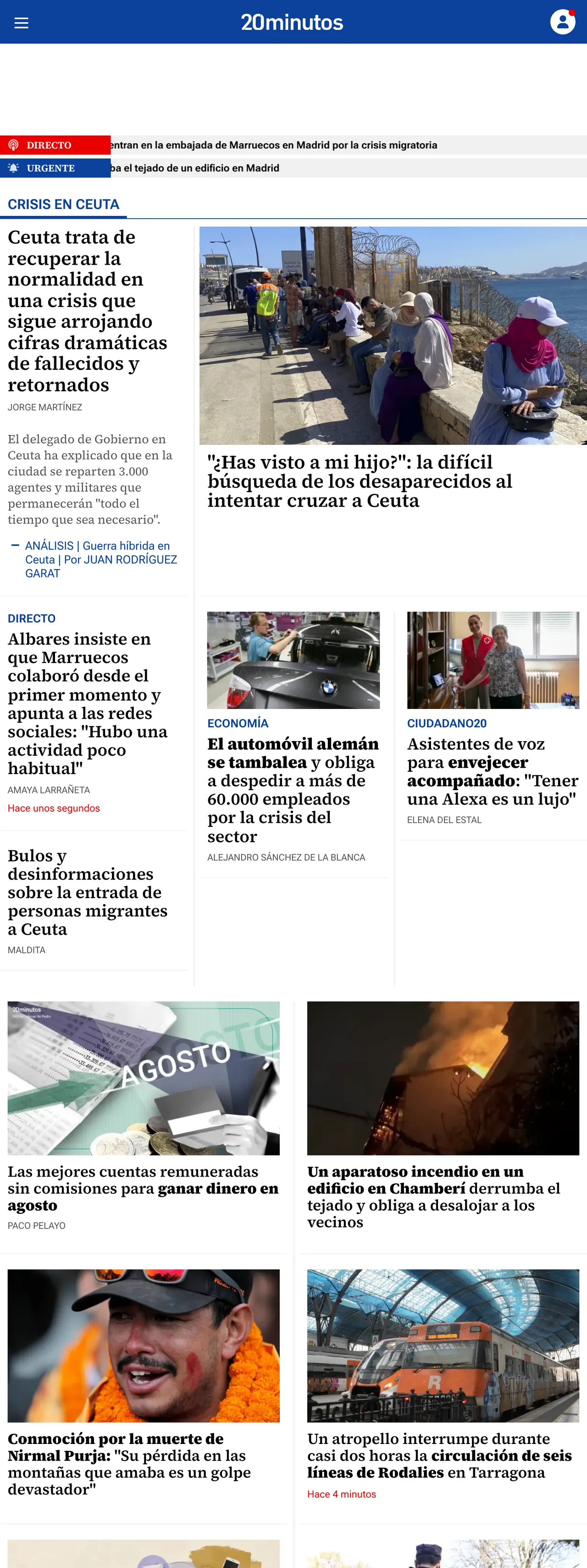 Screenshot of the 20minutos front page