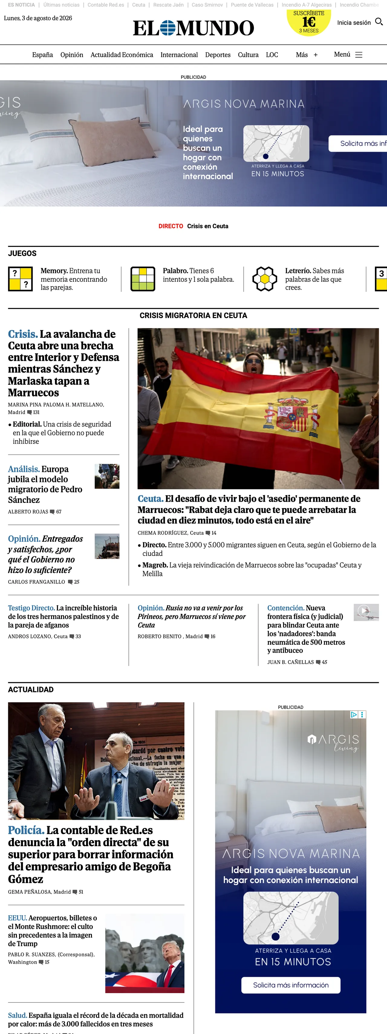 Screenshot of the El Mundo front page