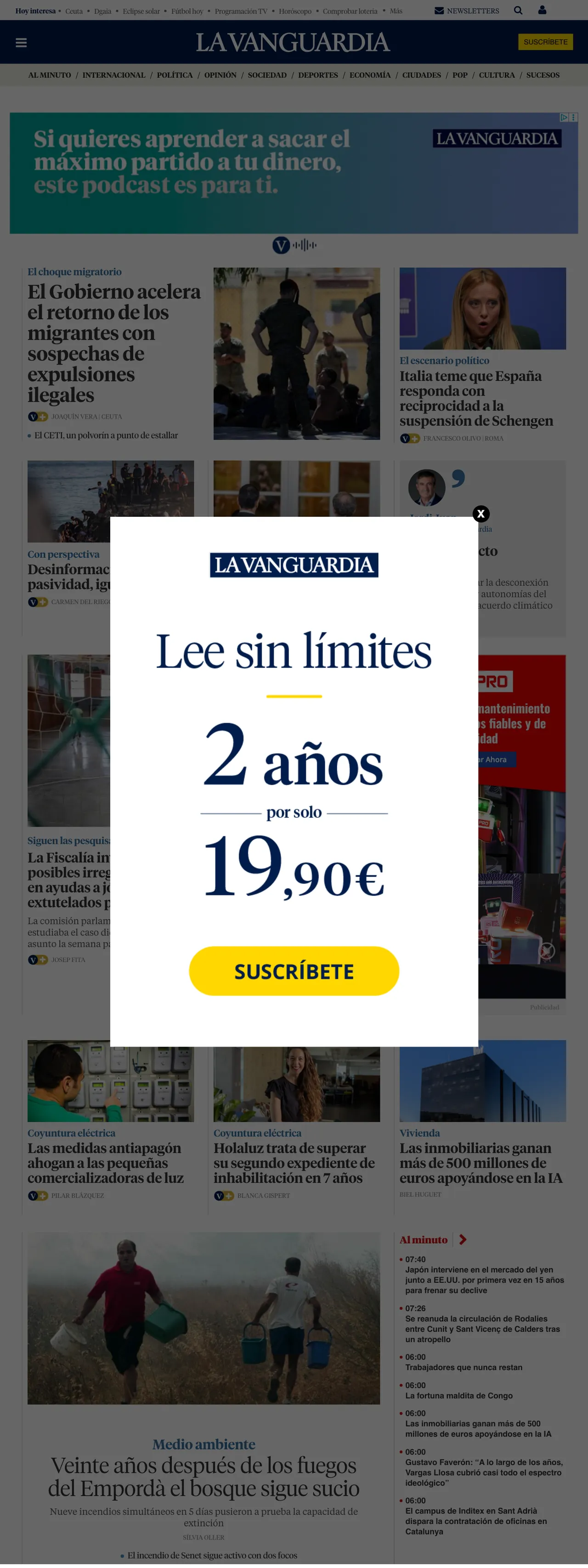 Screenshot of the La Vanguardia front page