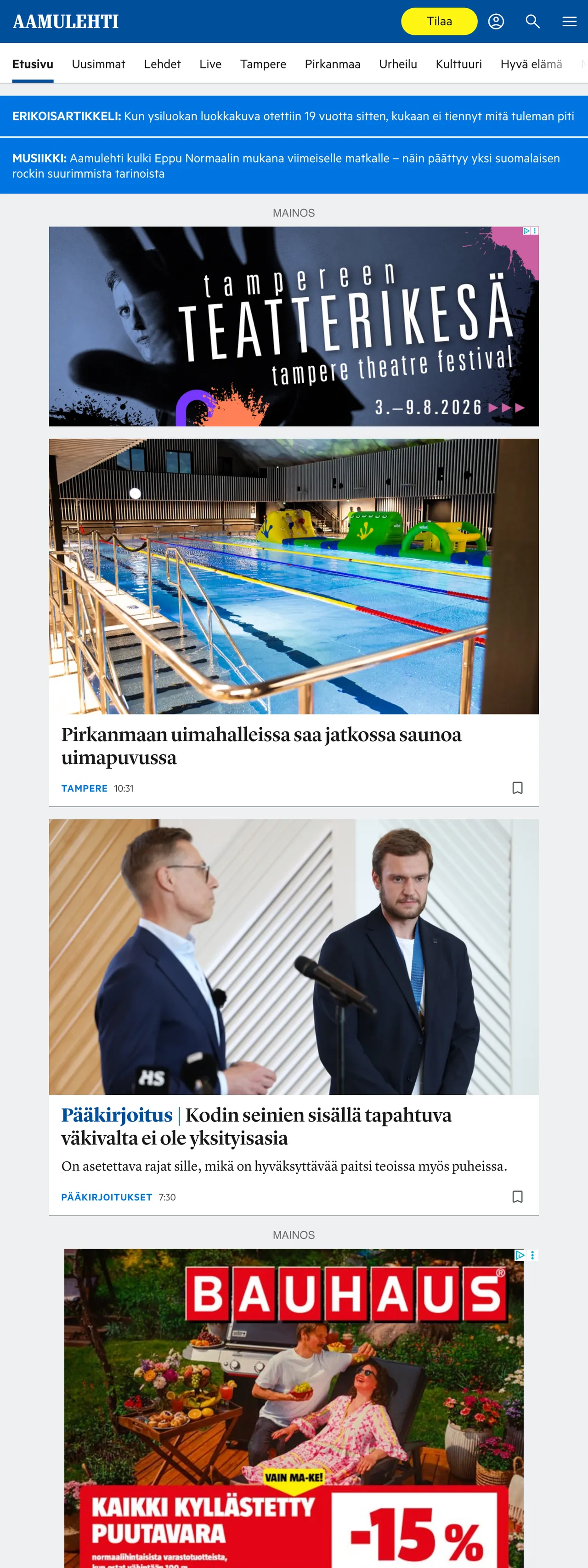 Screenshot of the Aamulehti front page