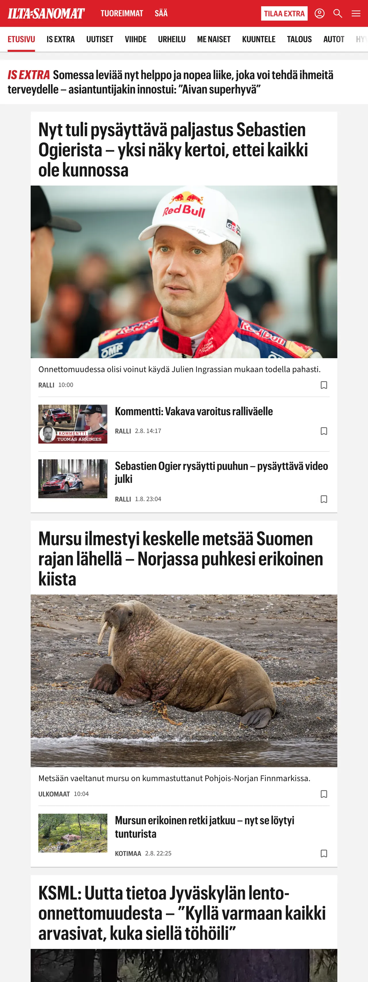 Screenshot of the Ilta-Sanomat front page
