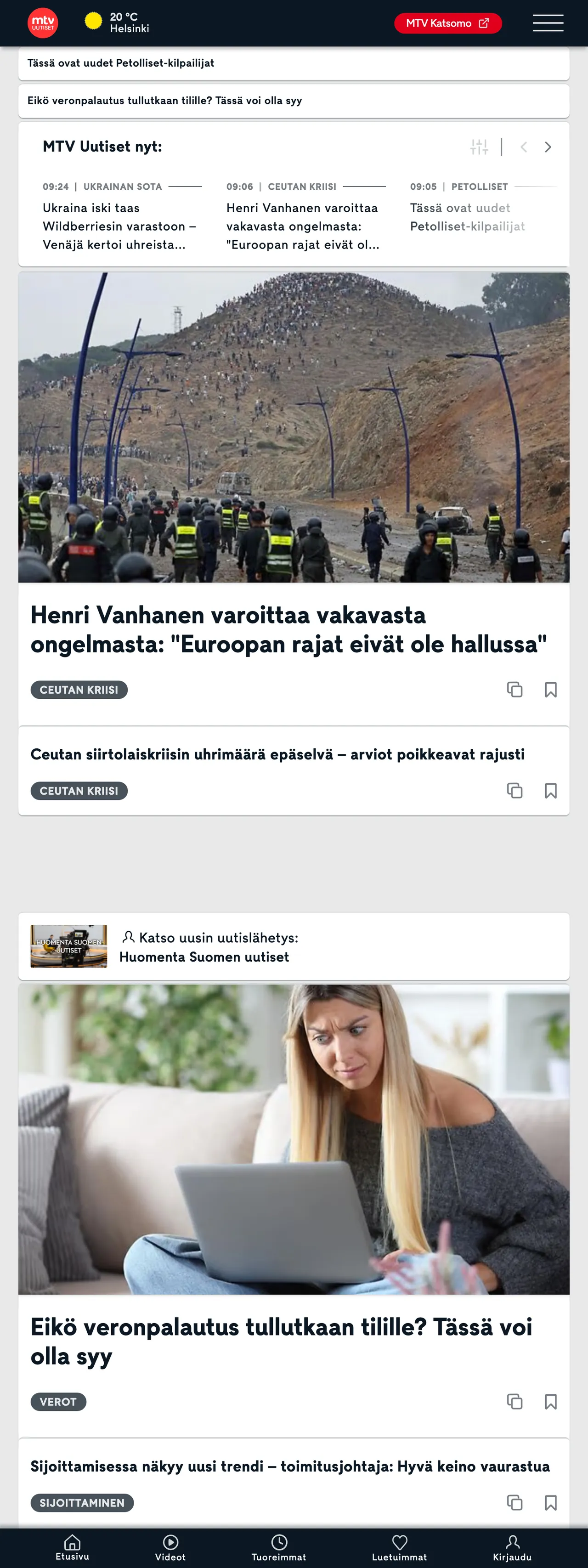 Screenshot of the MTV Uutiset front page