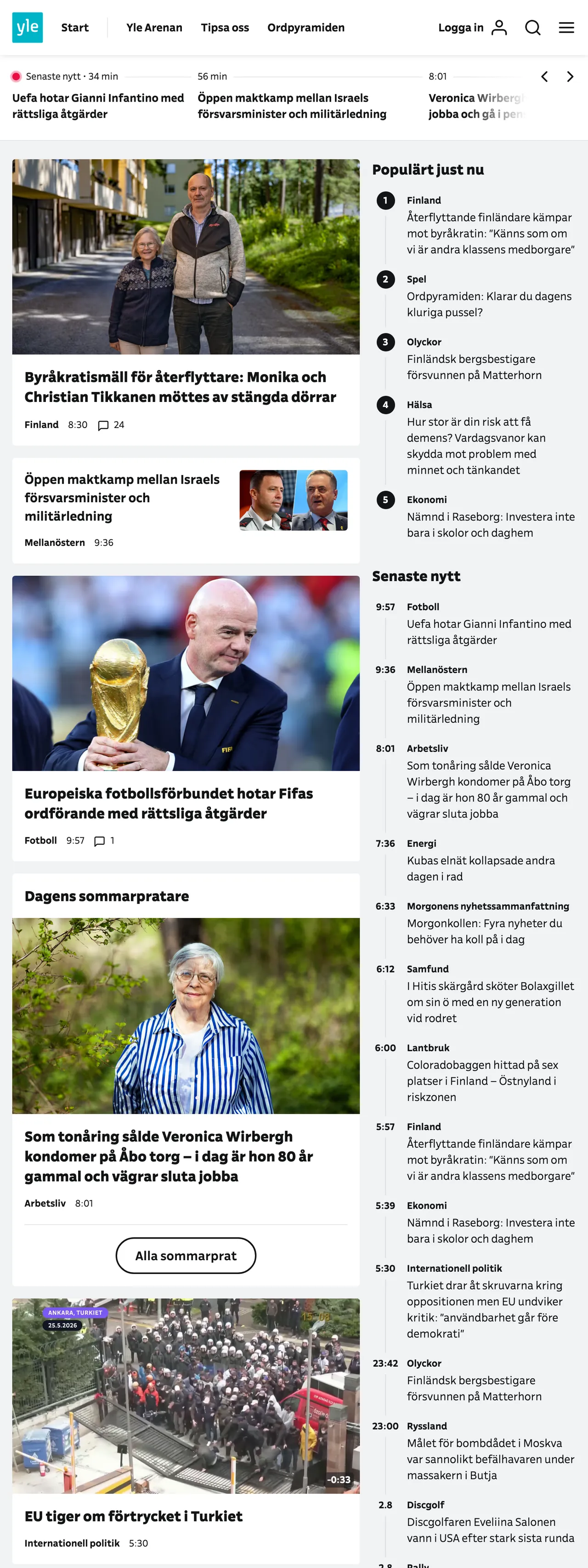 Screenshot of the Svenska Yle front page