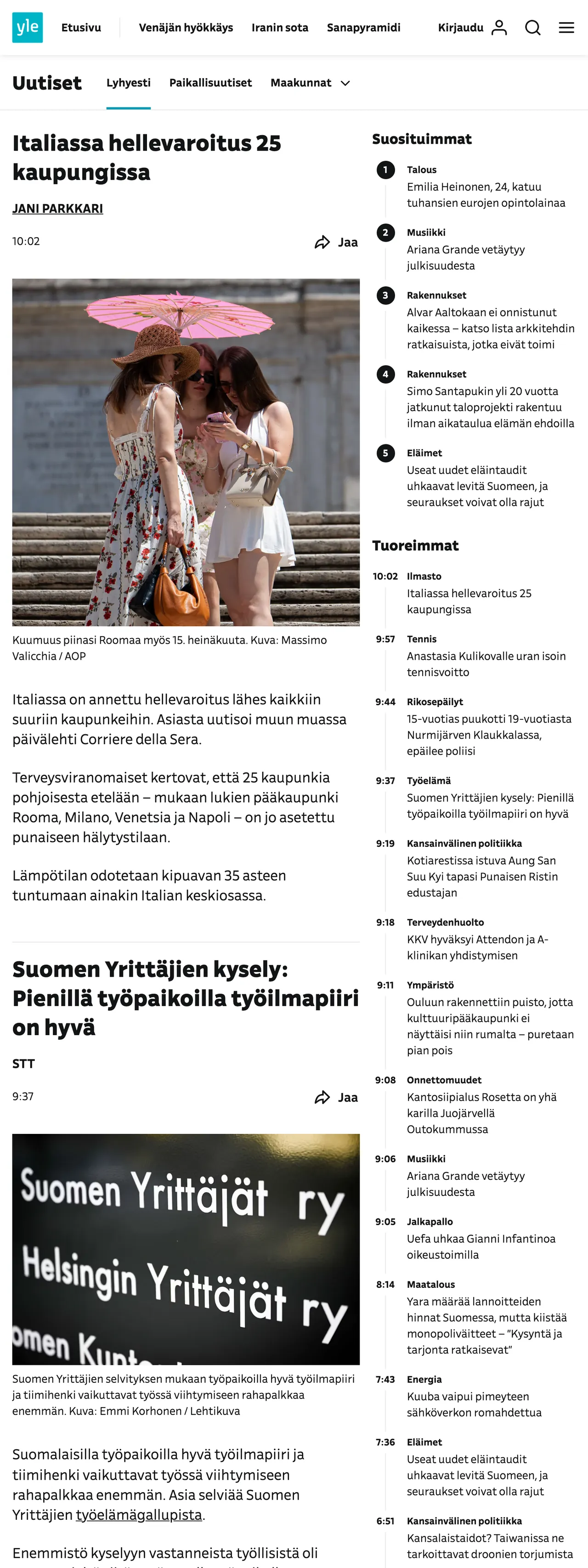 Screenshot of the Yle front page