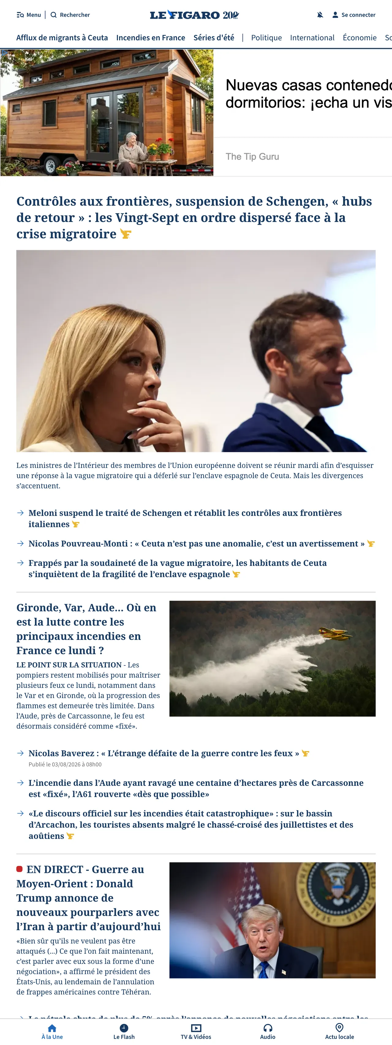 Screenshot of the Le Figaro front page