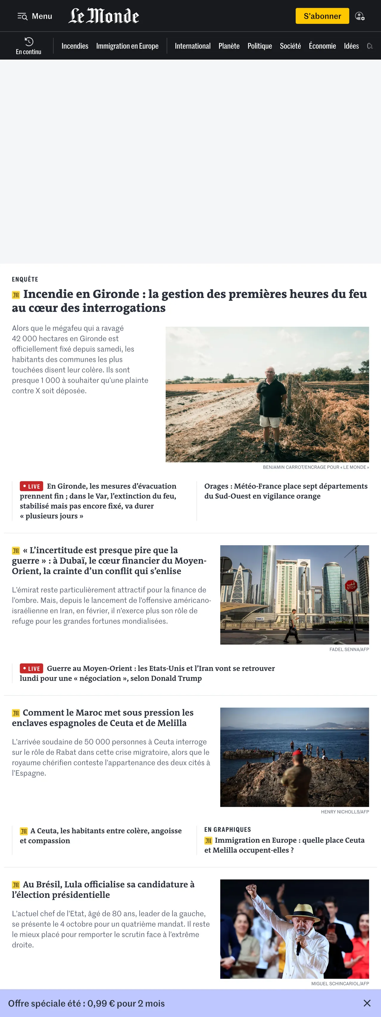 Screenshot of the Le Monde front page
