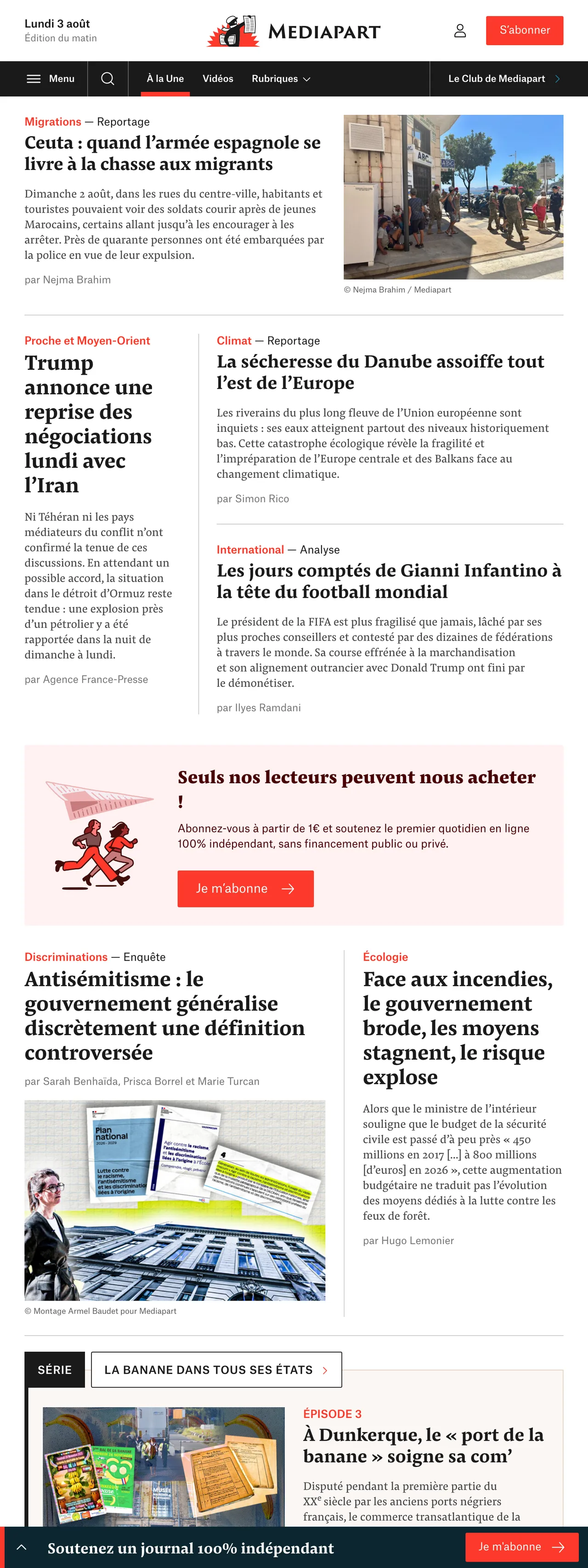 Screenshot of the Mediapart front page