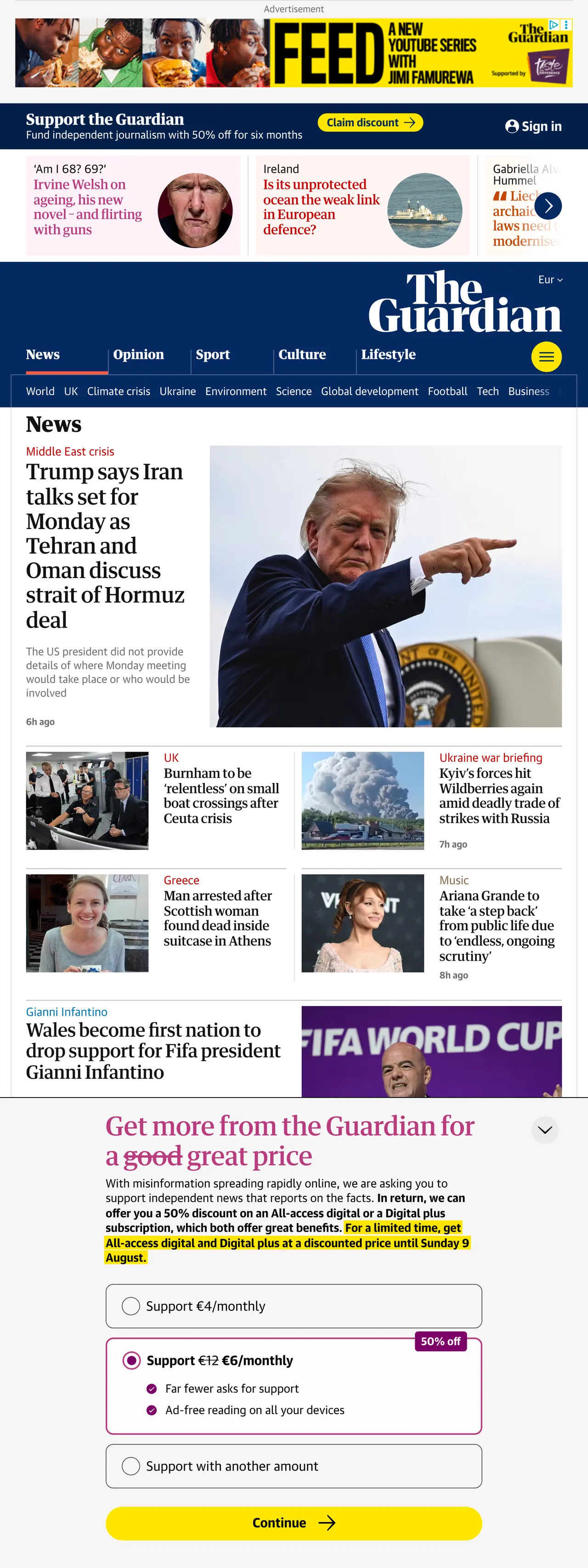 Screenshot of the The Guardian front page