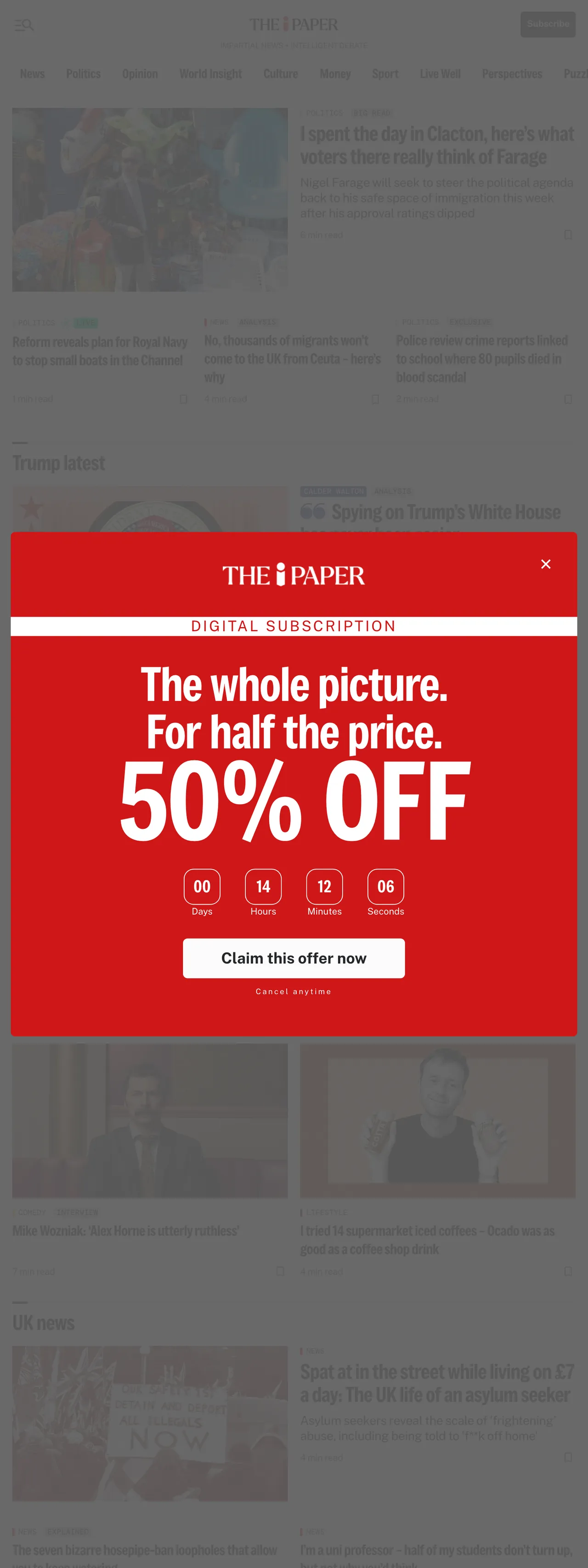 Screenshot of the The i Paper front page