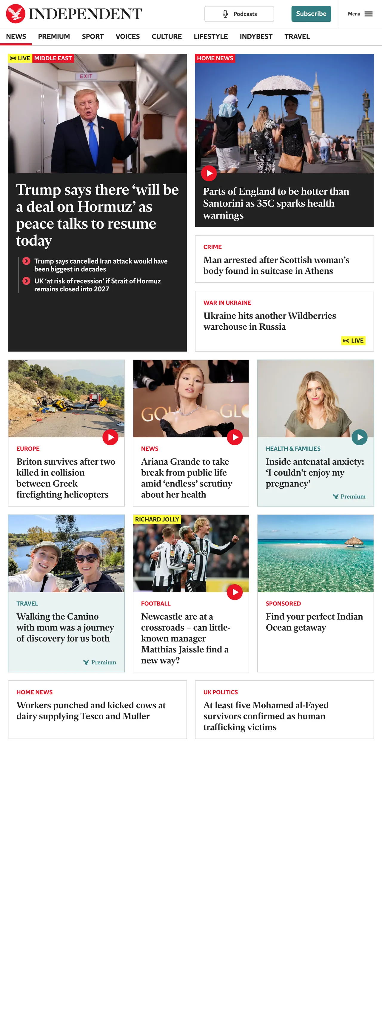 Screenshot of the The Independent front page